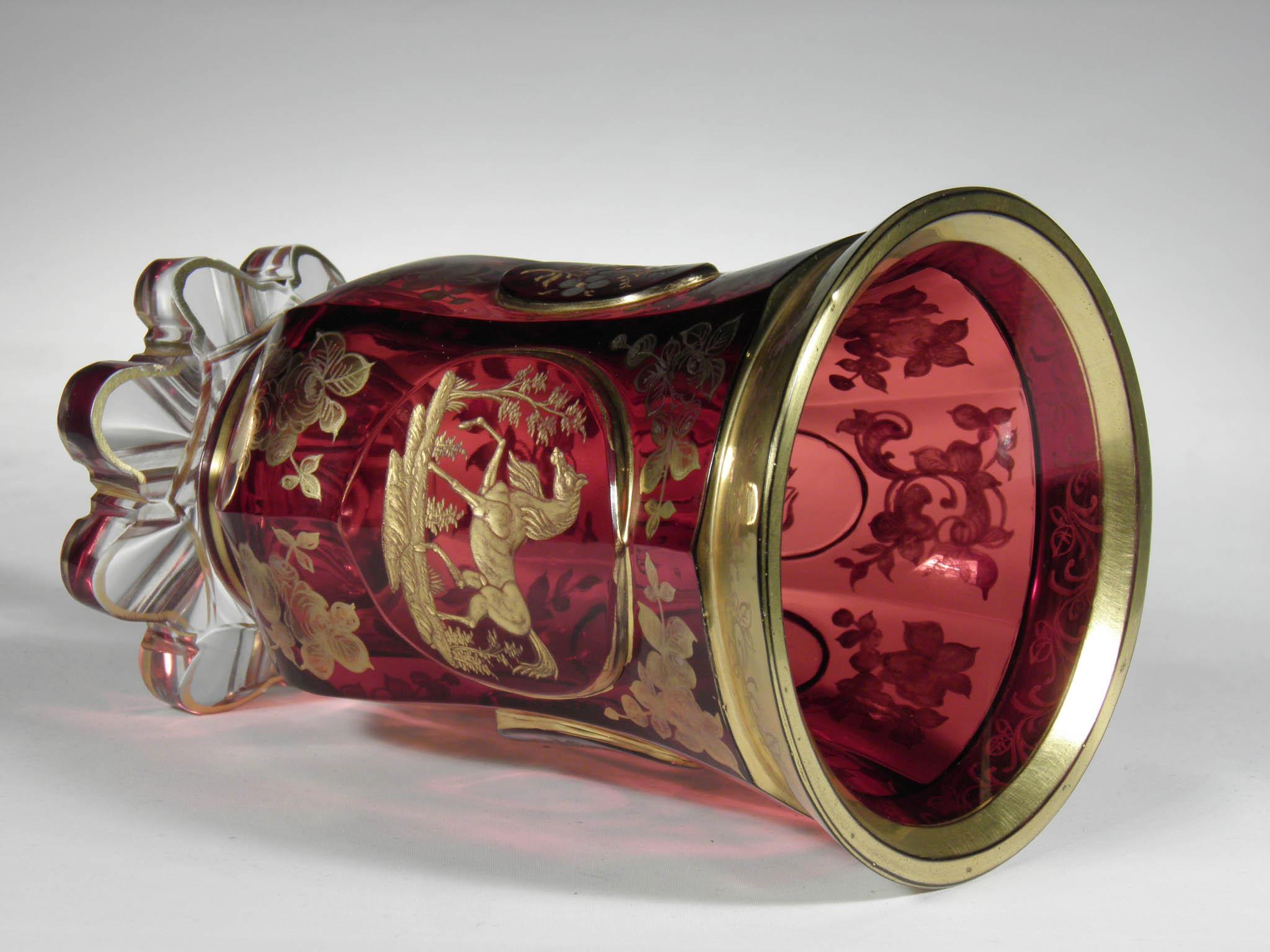 Late 19th Century Antique Bohemian Ruby Glass Gold Paint Horse Flower Motive 19th Century