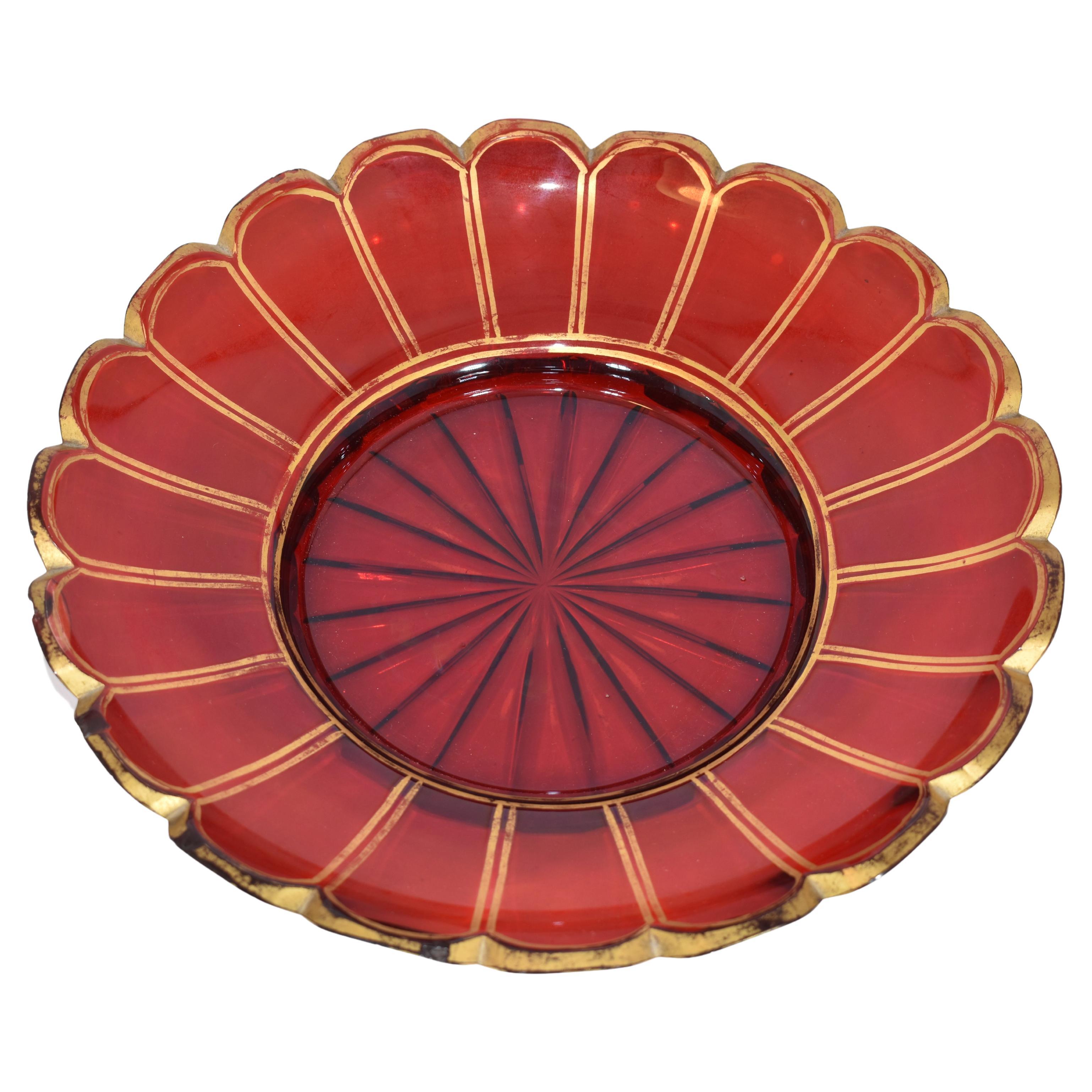 Gilt Antique Bohemian Ruby Red Crystal Glass Punch Bowl, 19th Century For Sale