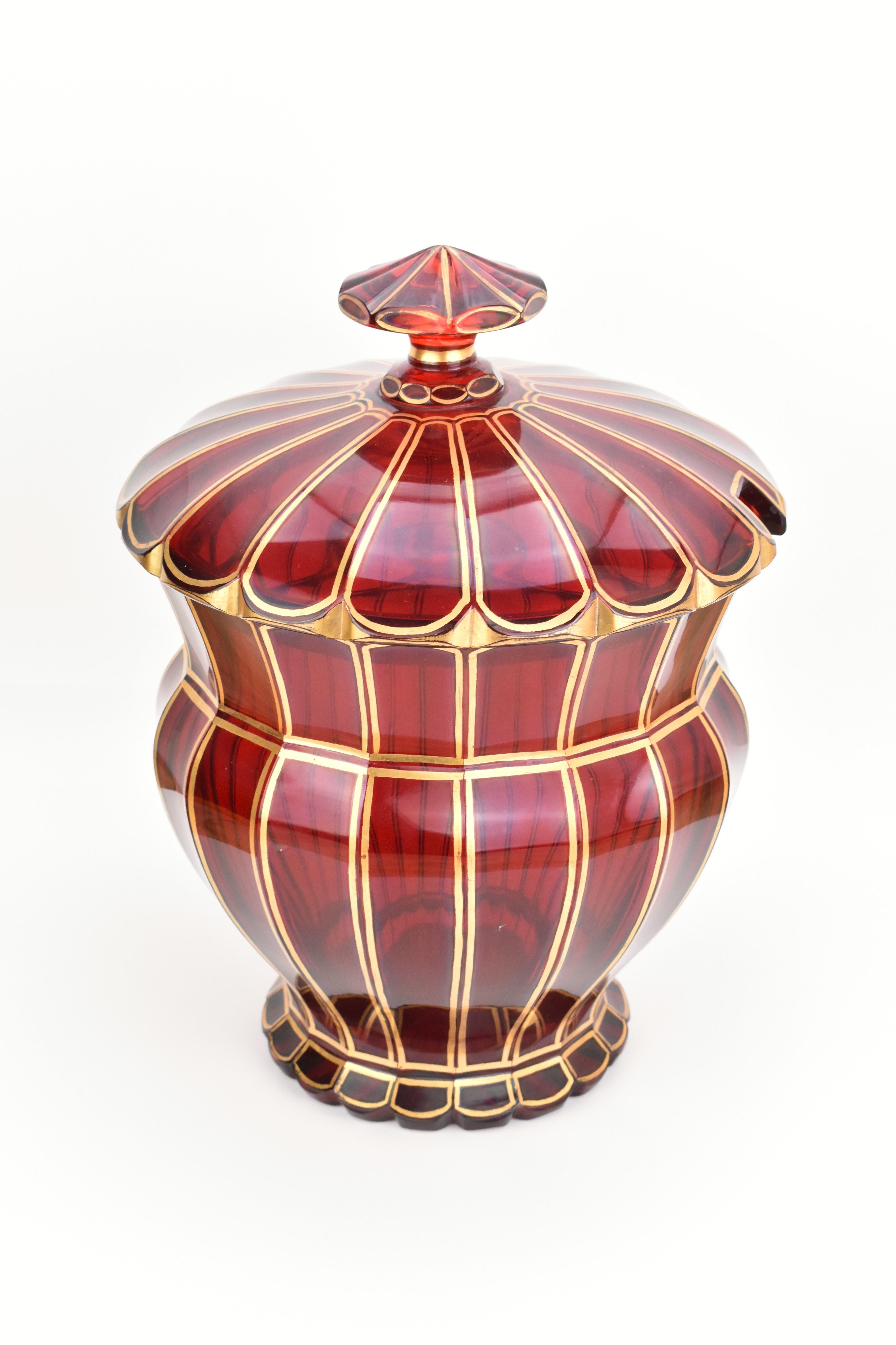 Gilt Antique Bohemian Ruby Red Crystal Glass Punch Bowl Set Bonbonniere, 19th Century For Sale