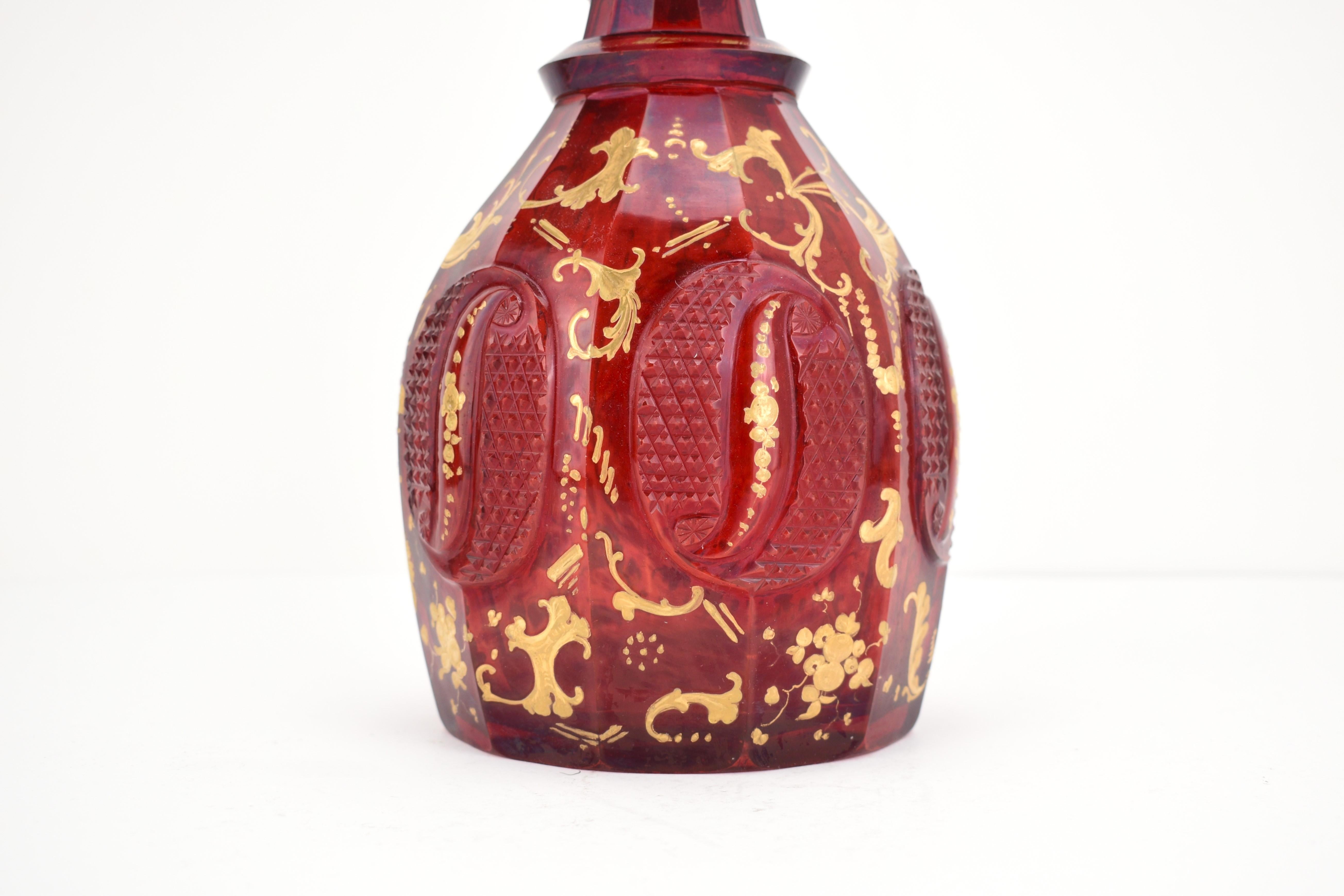 Gilt Antique Bohemian Ruby Red Enameled Gilded Glass Decanter, 19th Century For Sale