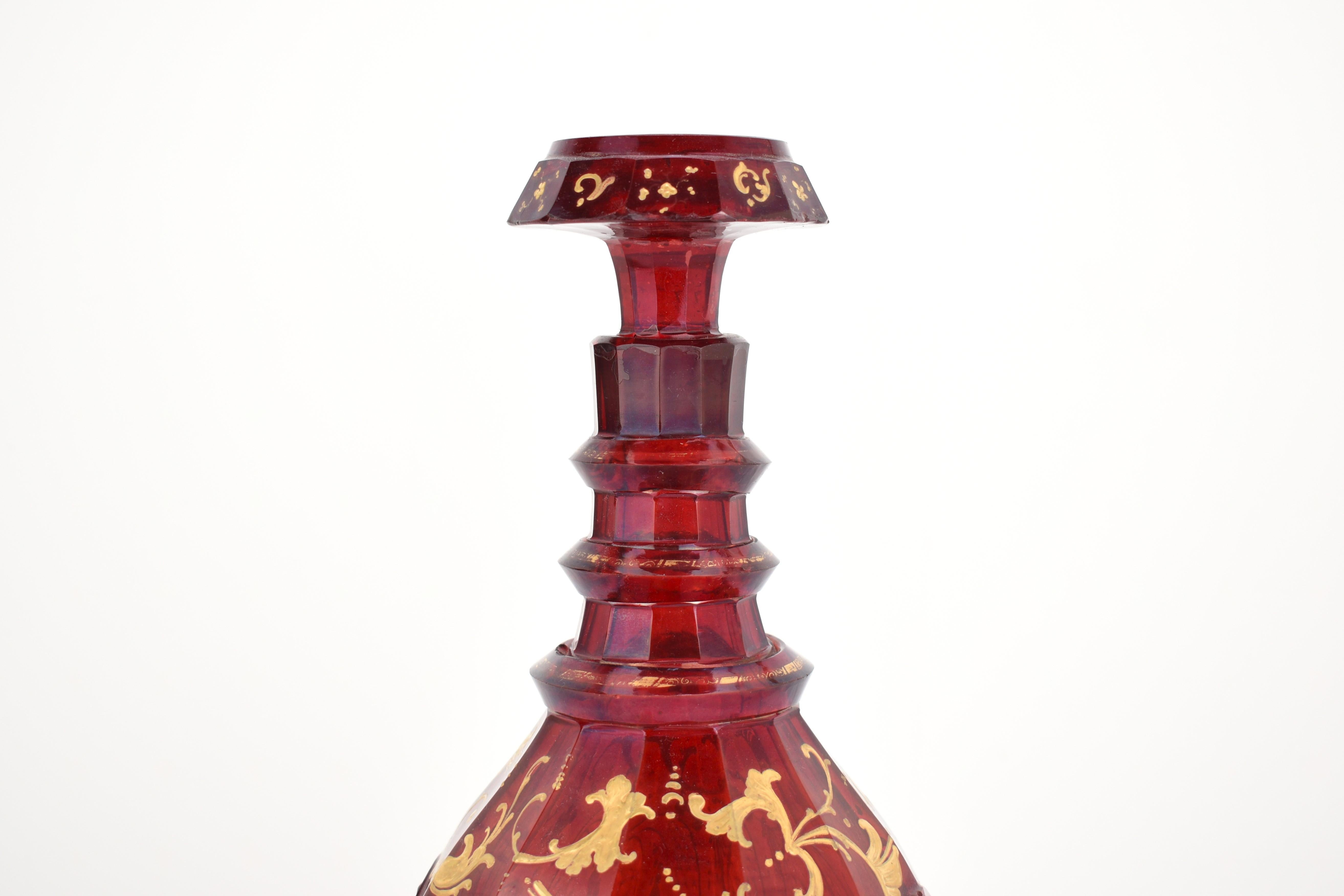 Antique Bohemian Ruby Red Enameled Gilded Glass Decanter, 19th Century In Good Condition For Sale In Rostock, MV