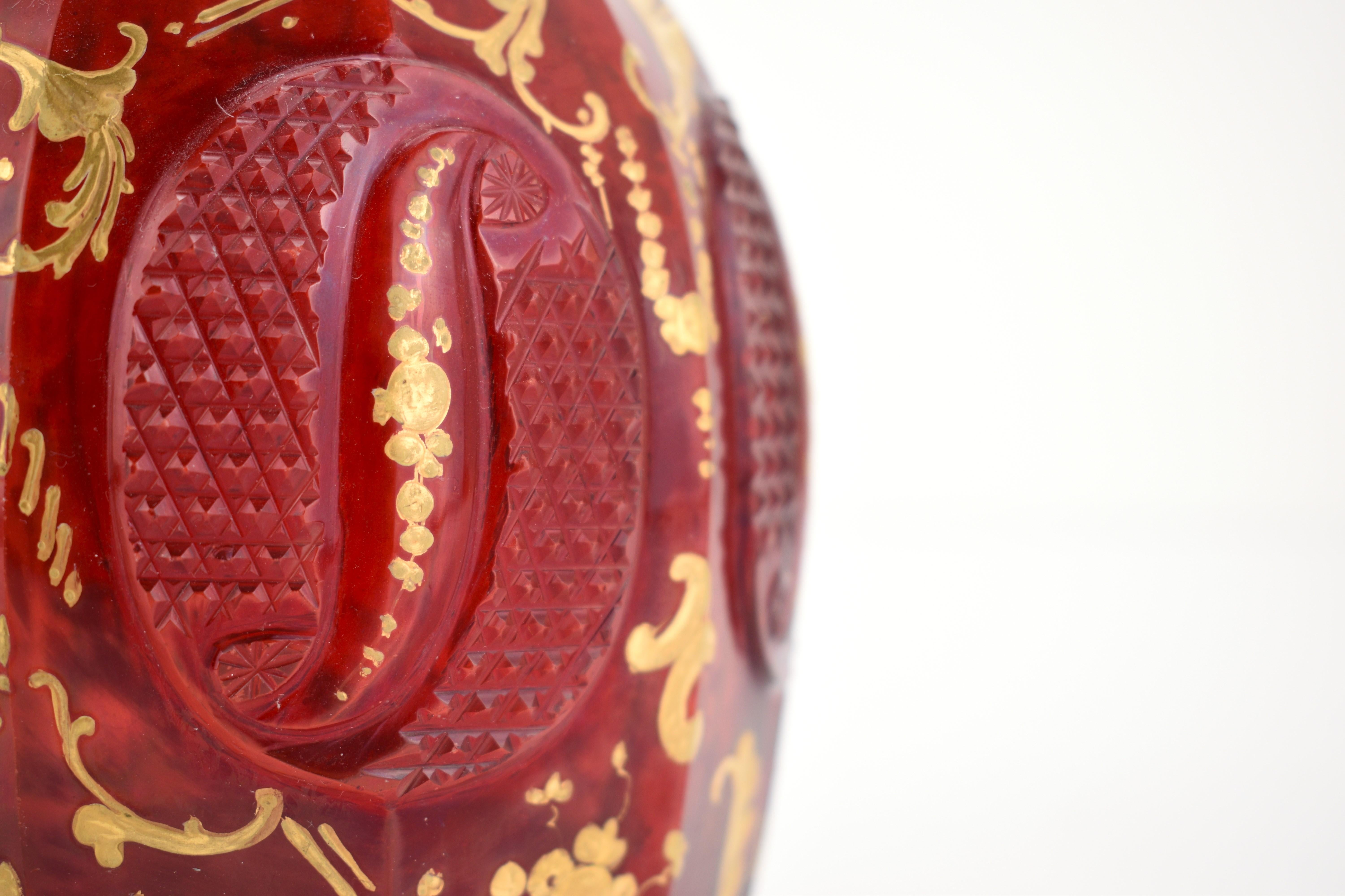 Antique Bohemian Ruby Red Enameled Gilded Glass Decanter, 19th Century For Sale 1