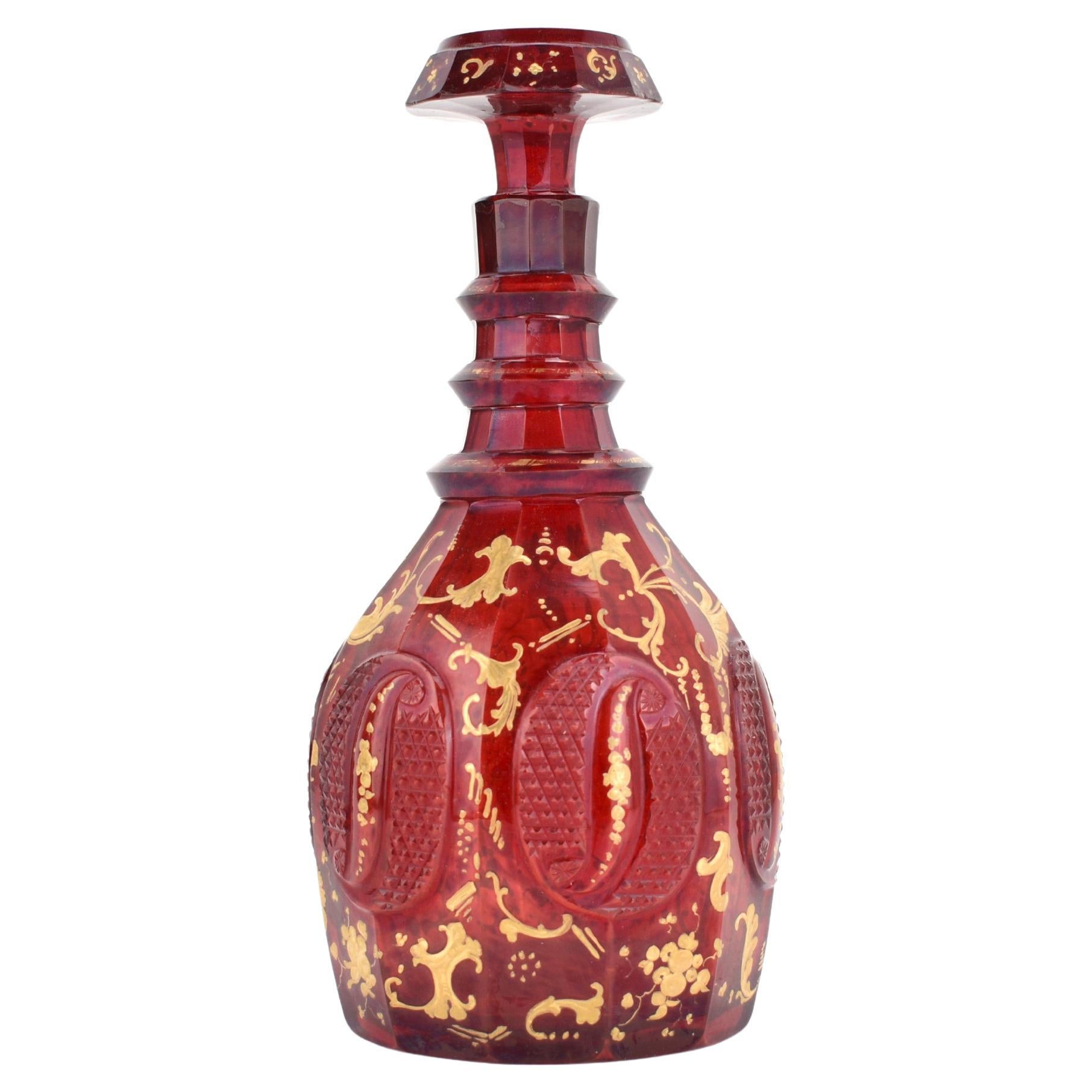 Antique Bohemian Ruby Red Enameled Gilded Glass Decanter, 19th Century For Sale