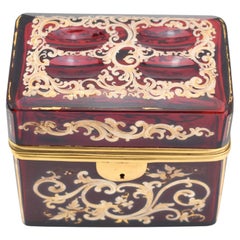 Antique Bohemian Ruby Red Enameled Gilded Glass Jewelry Casket Box, 19th Century