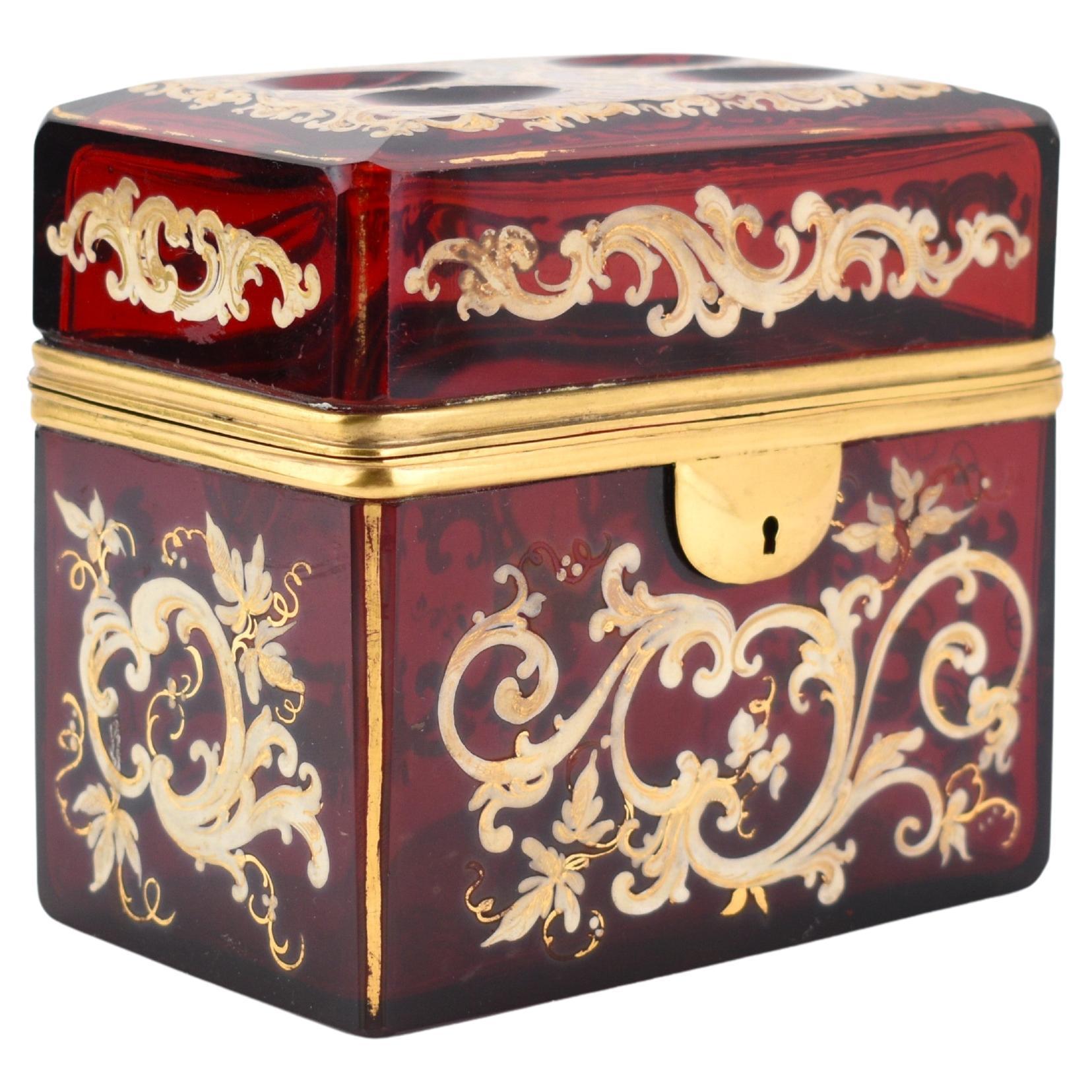 Antique Bohemian Ruby Red Enameled Gilded Glass Jewelry Casket Box, 19th Century In Good Condition For Sale In Rostock, MV