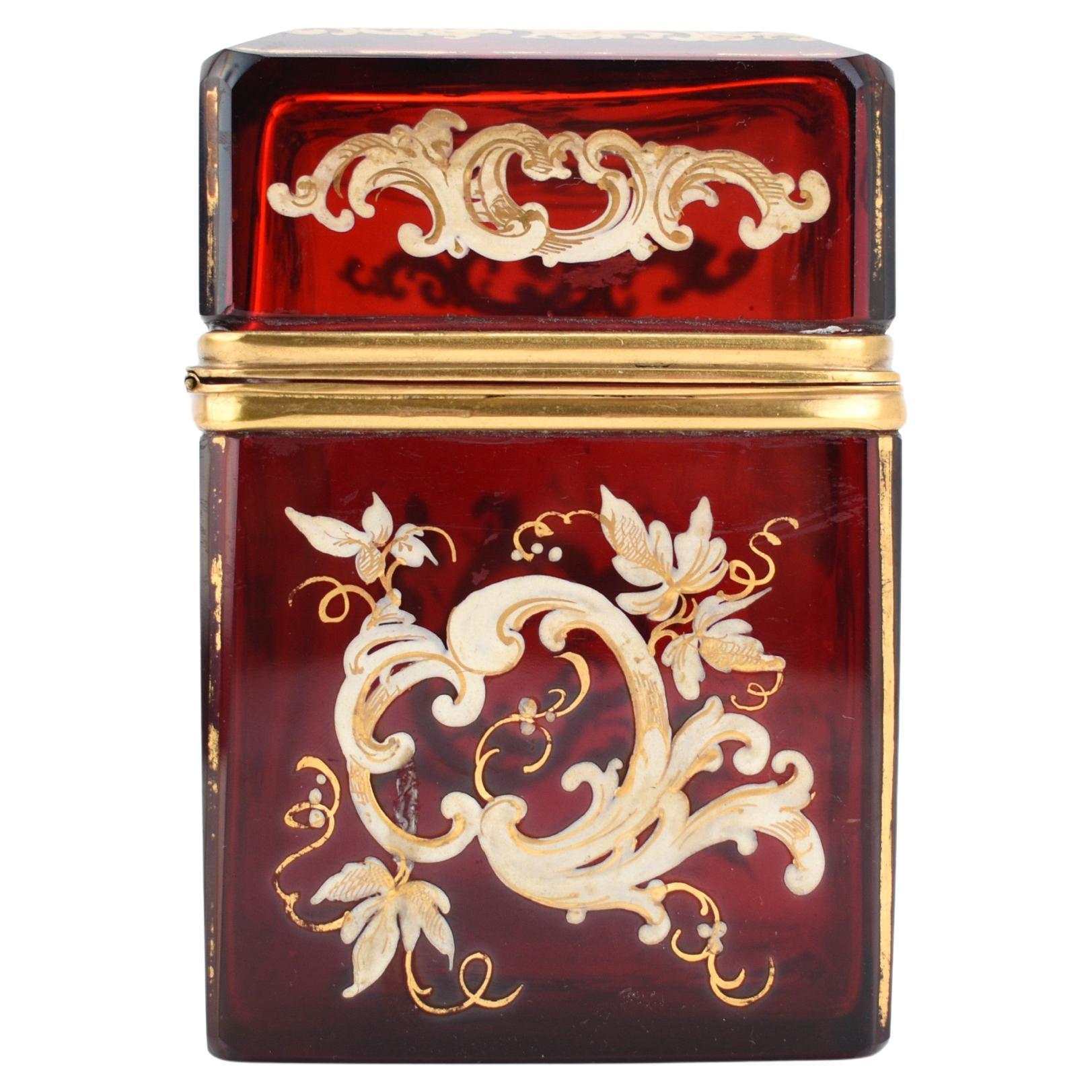 Crystal Antique Bohemian Ruby Red Enameled Gilded Glass Jewelry Casket Box, 19th Century For Sale