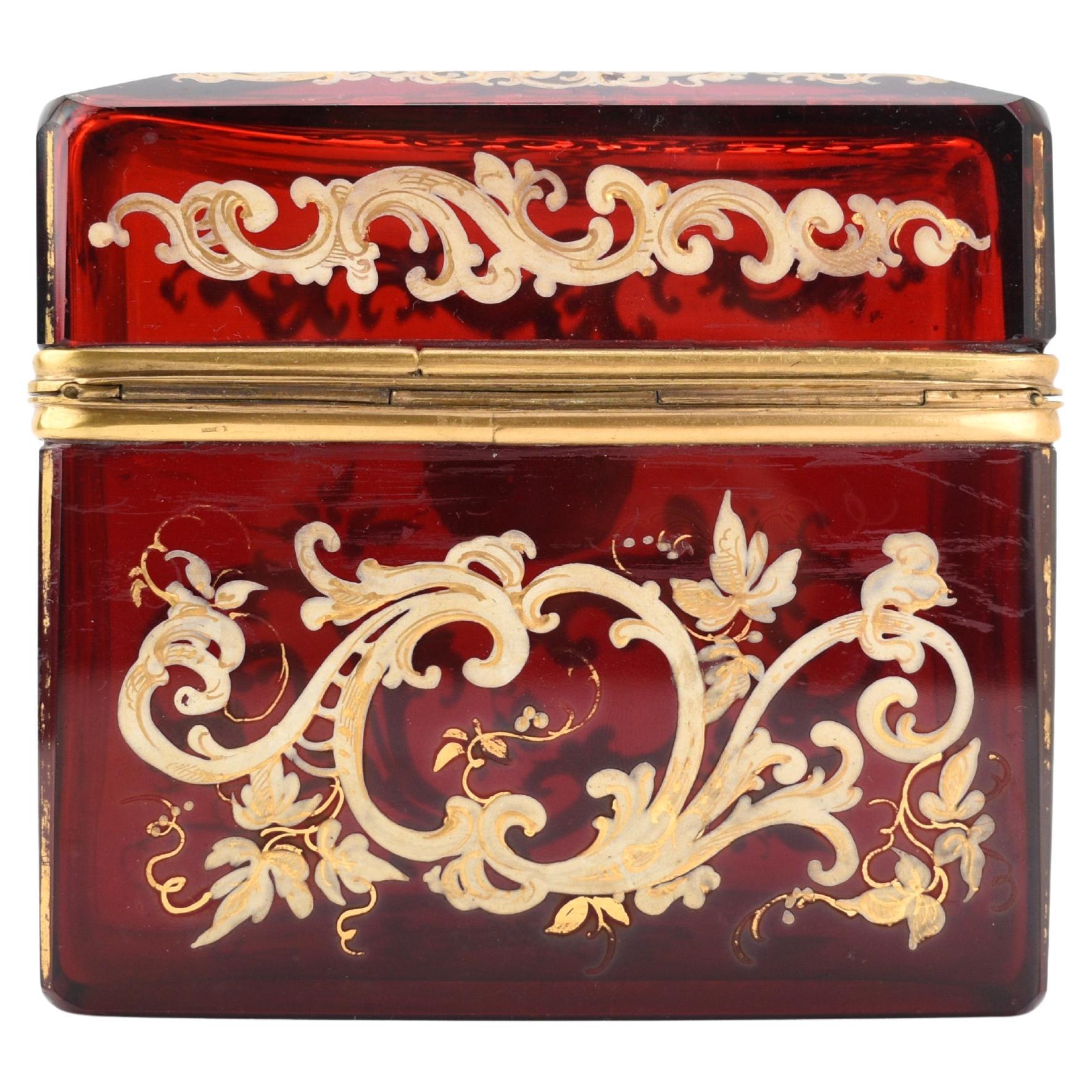 Antique Bohemian Ruby Red Enameled Gilded Glass Jewelry Casket Box, 19th Century For Sale 1
