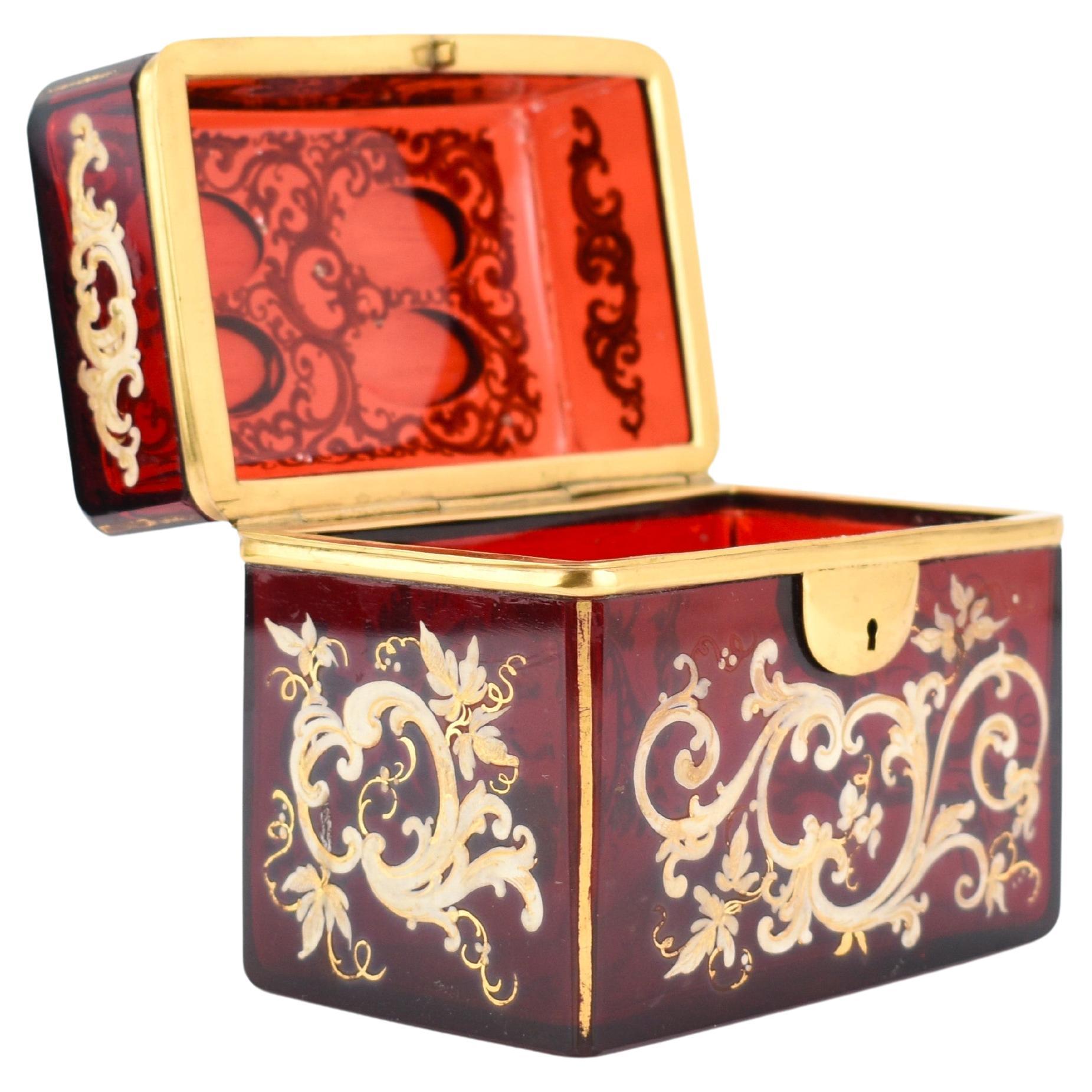 Antique Bohemian Ruby Red Enameled Gilded Glass Jewelry Casket Box, 19th Century For Sale 2