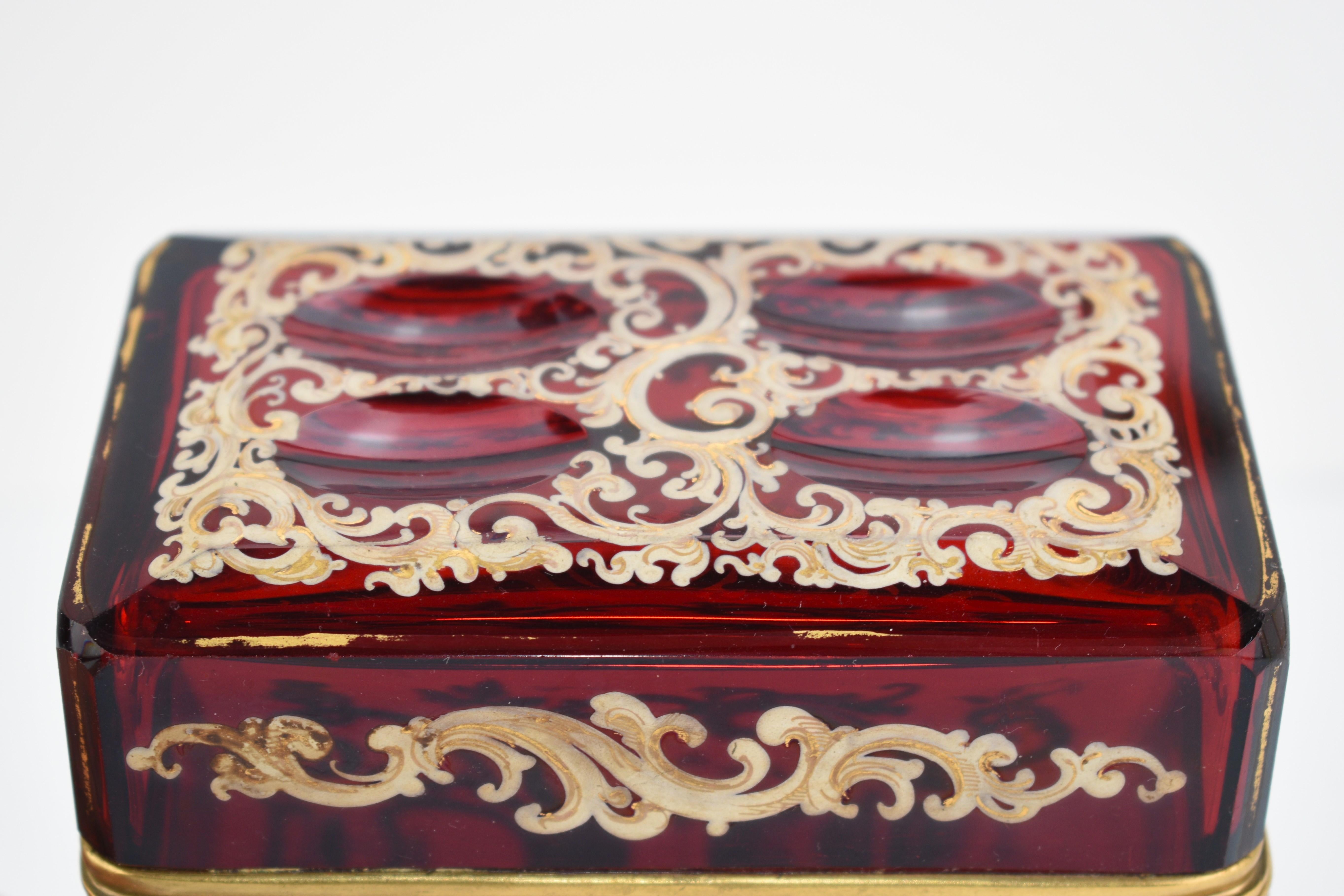 Antique Bohemian Ruby Red Enameled Gilded Glass Jewelry Casket Box, 19th Century For Sale 3