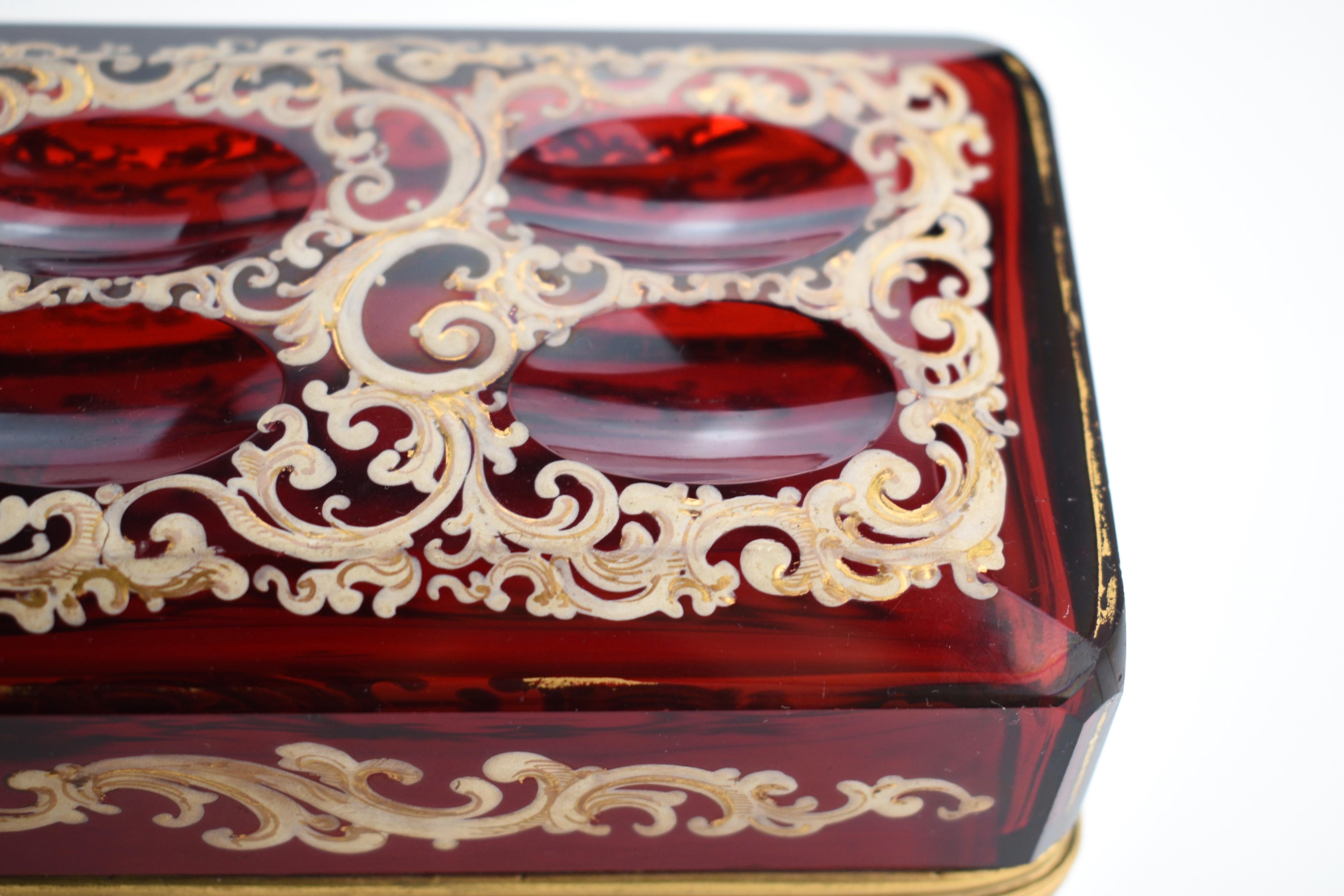 Antique Bohemian Ruby Red Enameled Gilded Glass Jewelry Casket Box, 19th Century For Sale 4