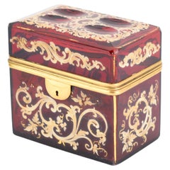 Antique Bohemian Ruby Red Enameled Gilded Glass Jewelry Casket Box, 19th Century