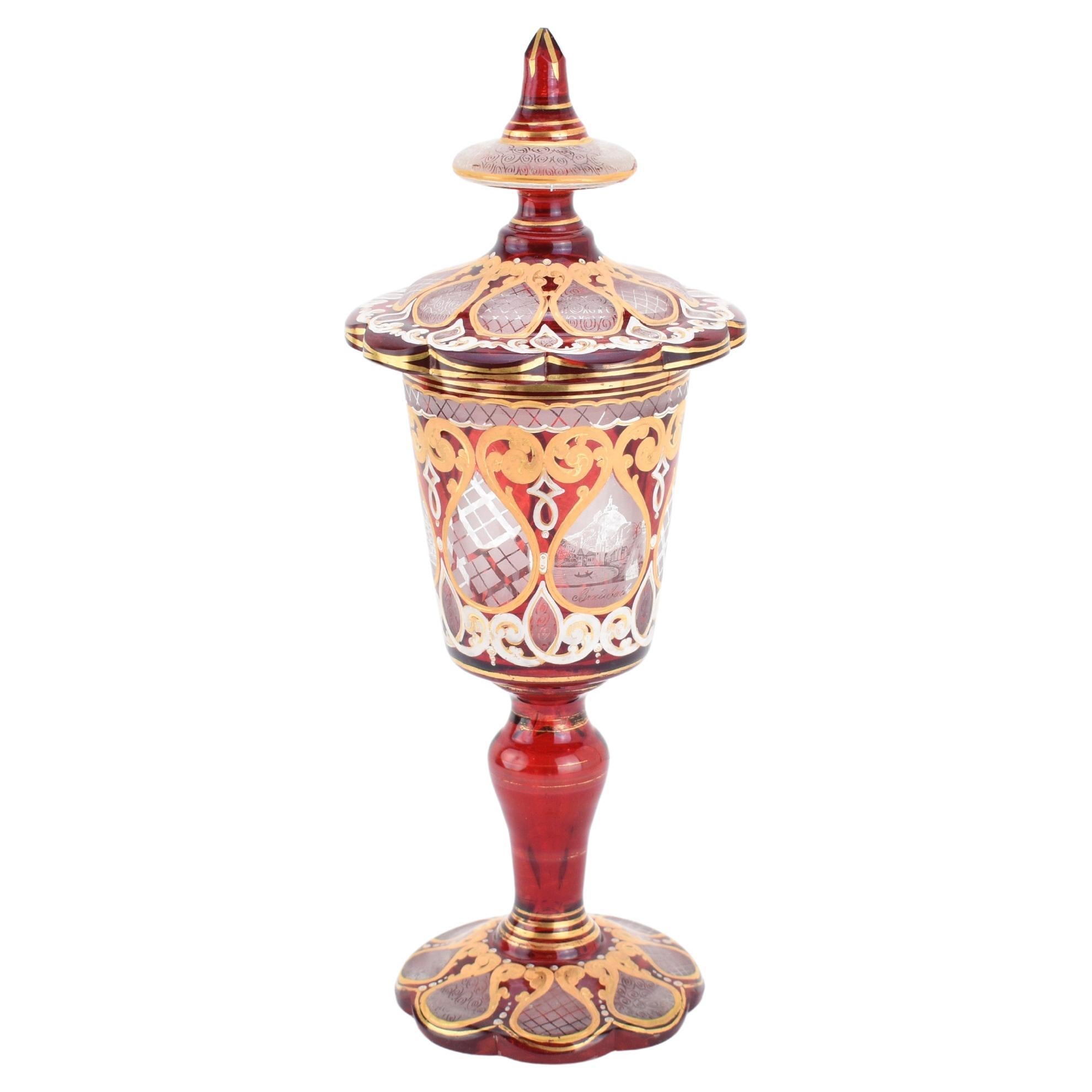 Antique Bohemian Ruby Red Enameled Gilded Overlay Glass Goblet, 19th Century In Good Condition For Sale In Rostock, MV