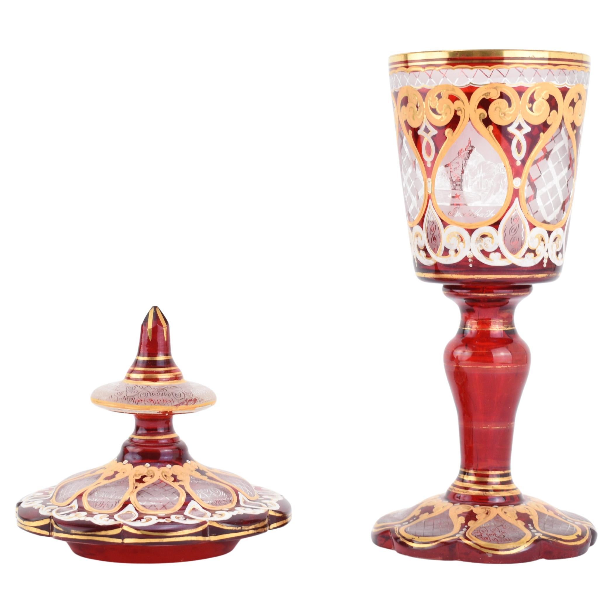 Antique Bohemian Ruby Red Enameled Gilded Overlay Glass Goblet, 19th Century For Sale 1