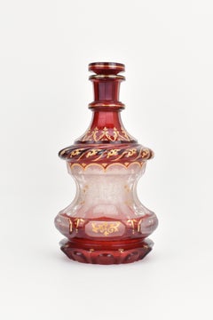 Antique Bohemian Ruby Red Enameled Overlay Glass Bottle Decanter, 19th Century