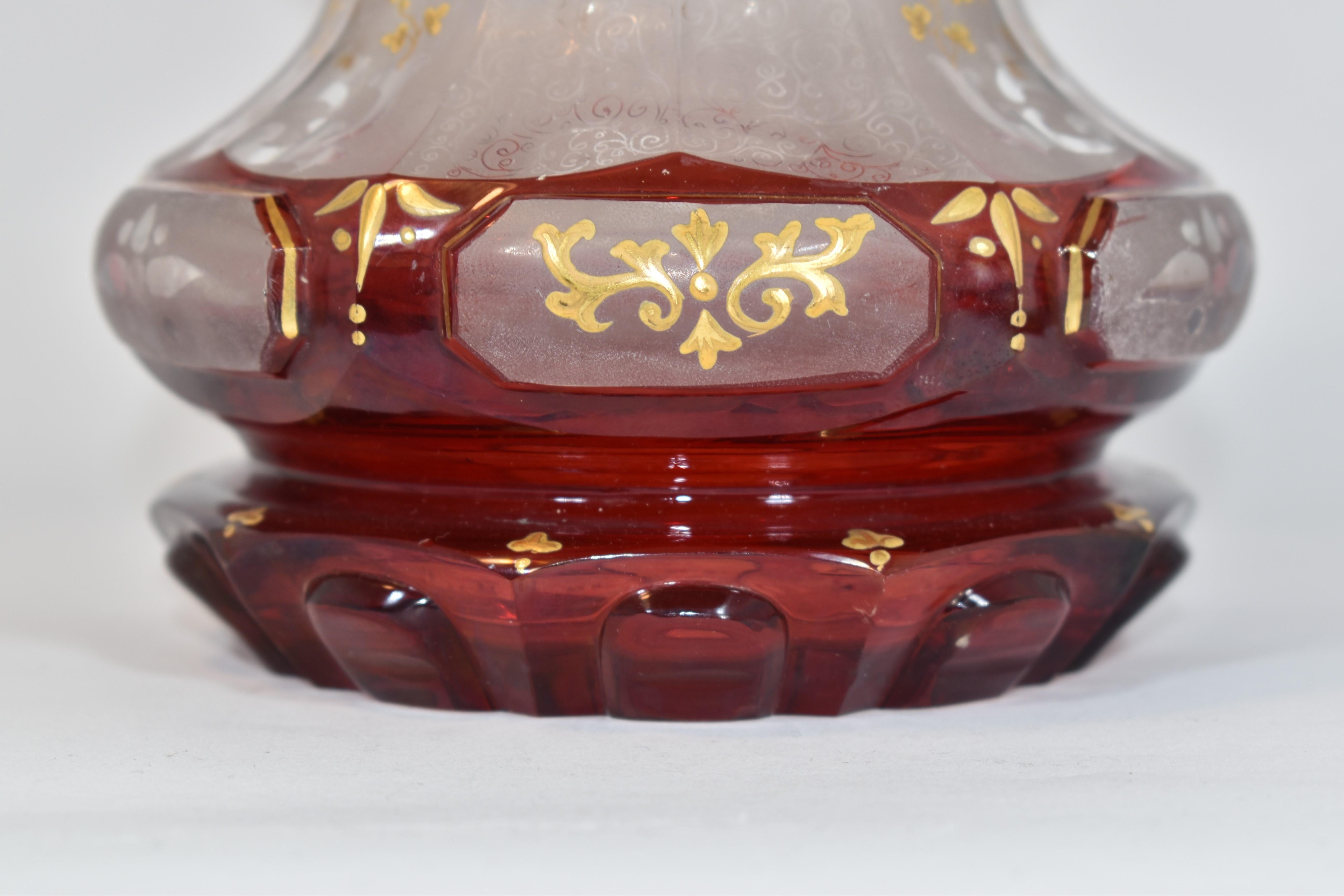 Antique Bohemian Ruby Red Enameled Glass Bottle, 19th Century In Good Condition For Sale In Rostock, MV