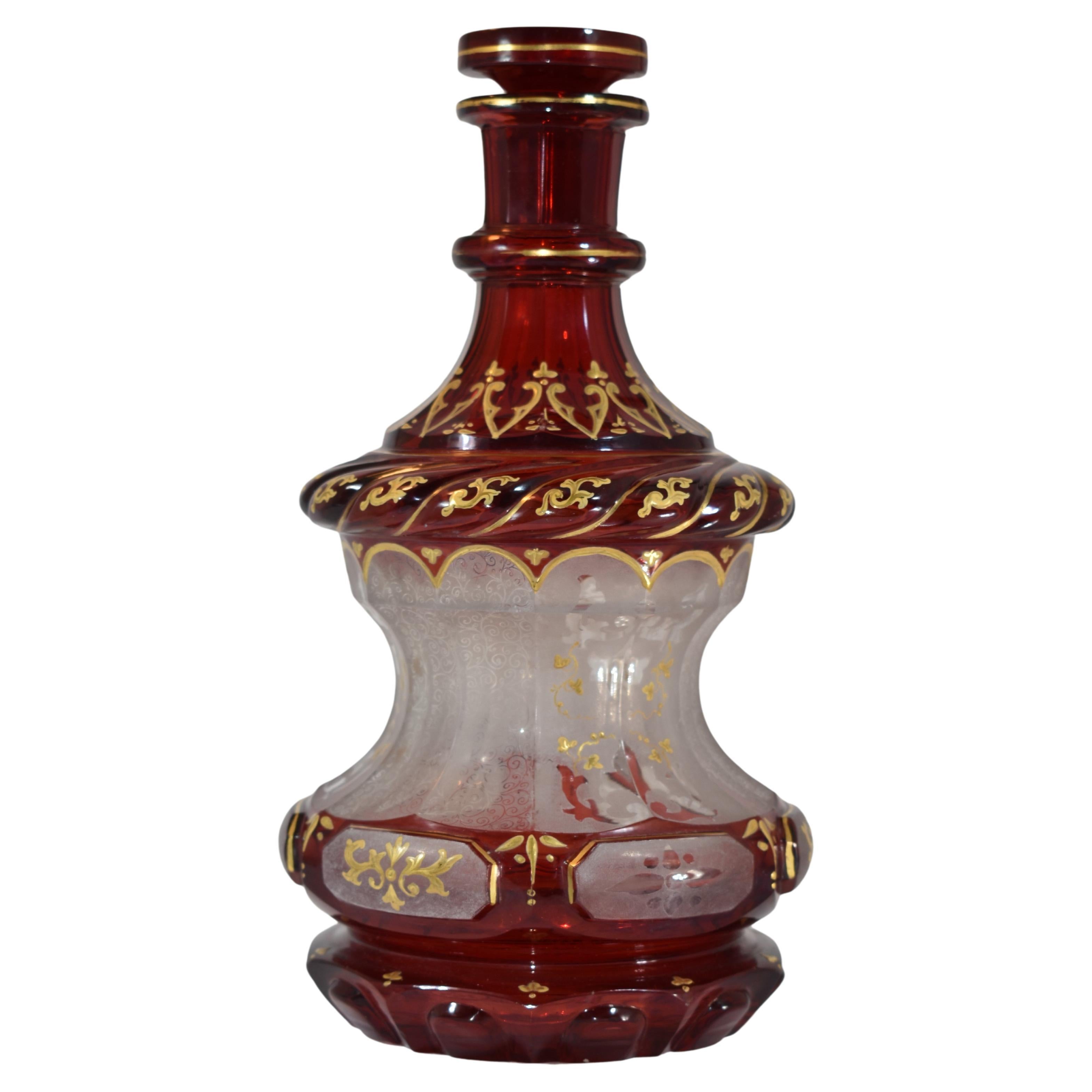 Antique Bohemian Ruby Red Enameled Glass Bottle, 19th Century