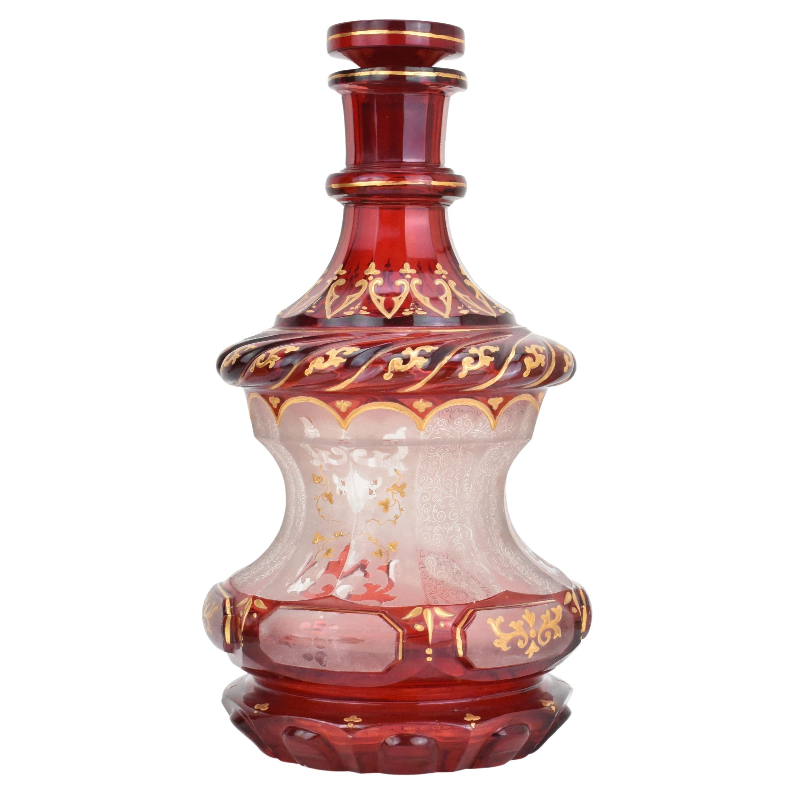 Antiguo Decantador Bohemio de Botella de Vidrio Esmaltado Rojo Rubí, Siglo XIX