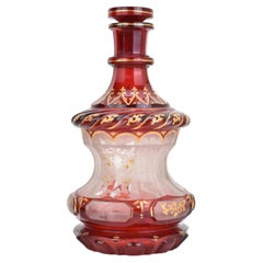Antique Bohemian Ruby Red Enameled Overlay Glass Bottle Decanter, 19th Century