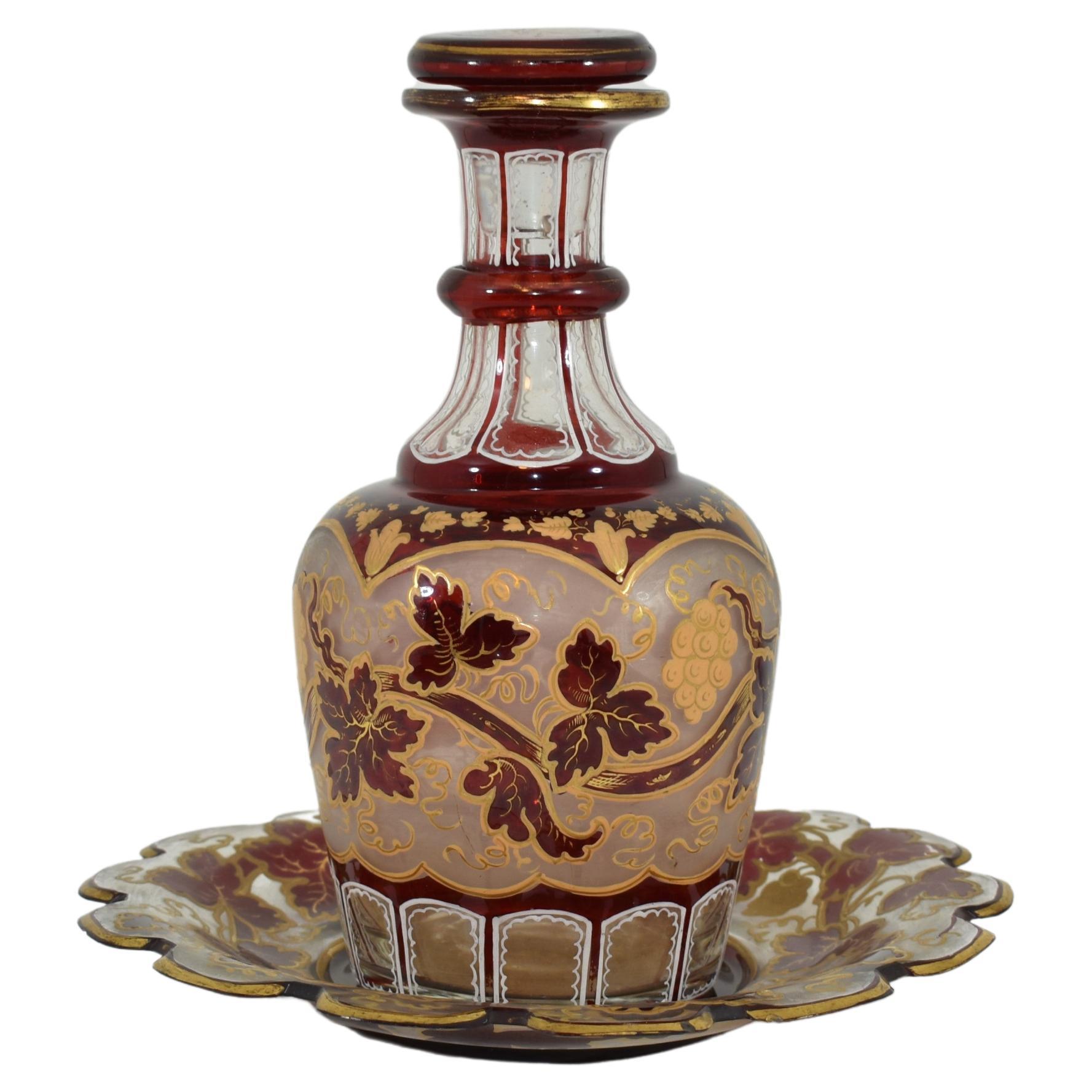 European Antique Bohemian Ruby Red Enameled Glass Bottle and Plate, 19th Century For Sale