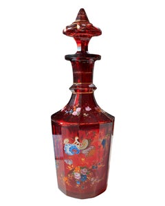 Antique Bohemian Ruby Red Enameled Glass Dceanter, Moser, 19th Century