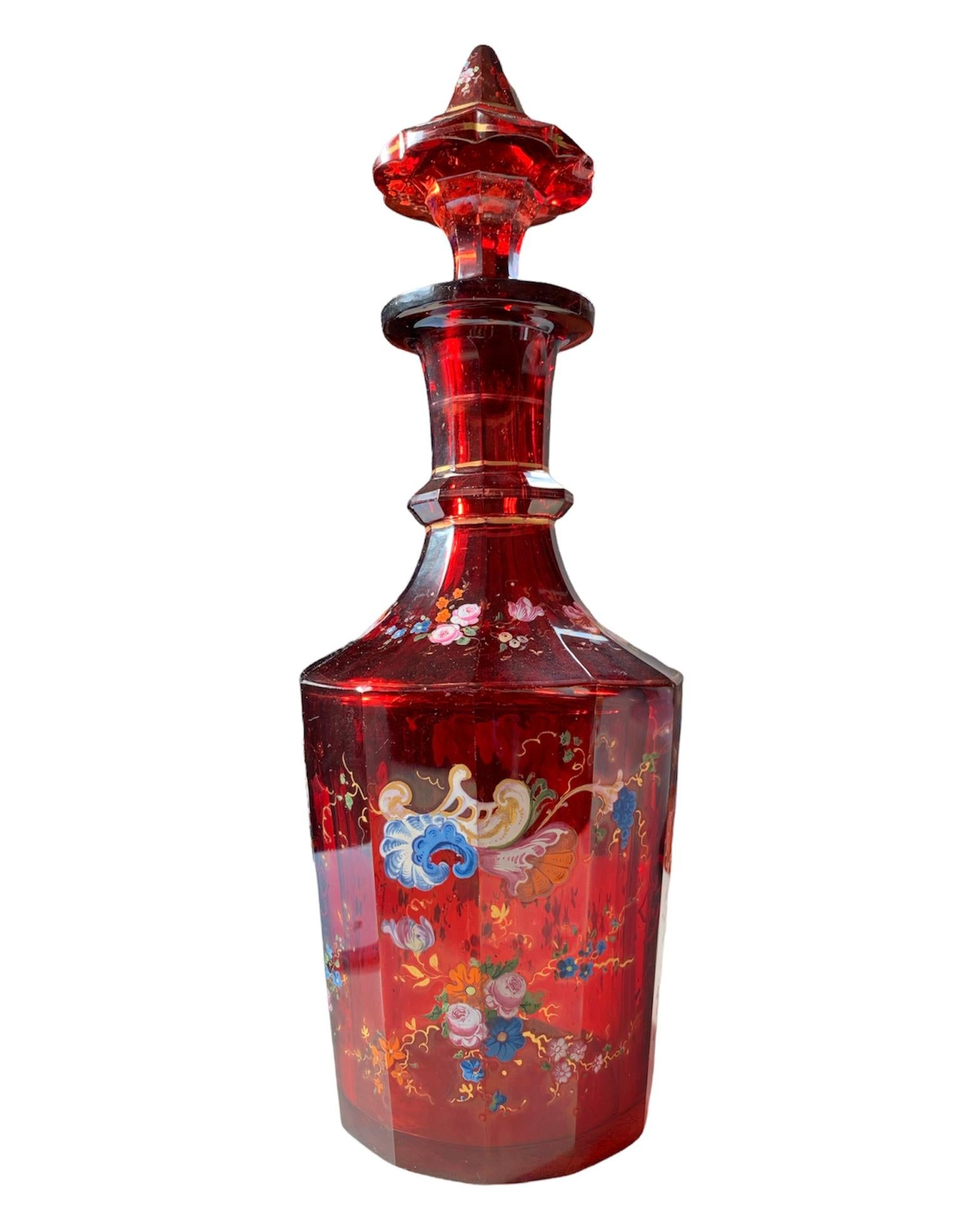 Czech Antique Bohemian Ruby Red Enameled Glass Dceanter, Moser, 19th Century