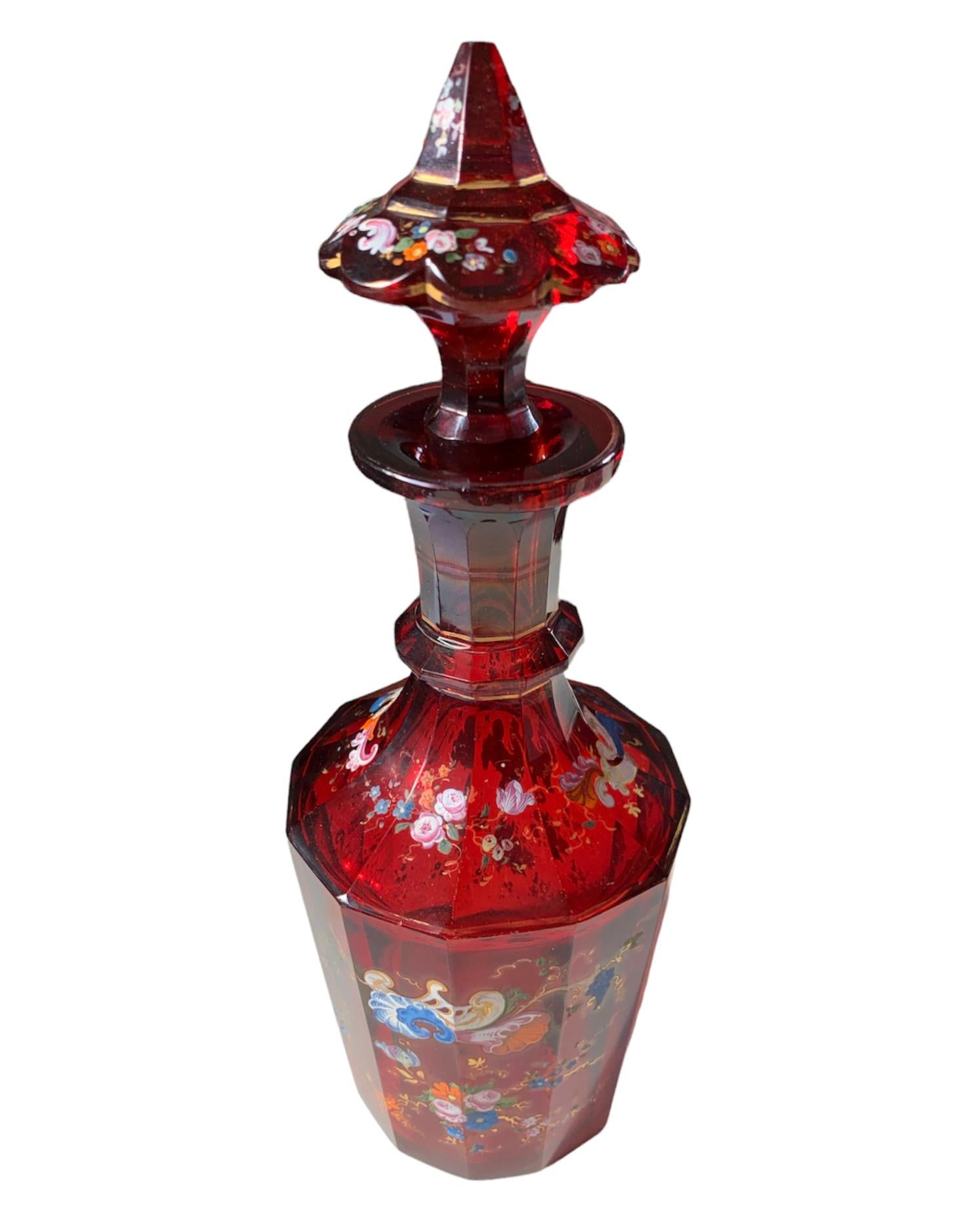 Antique Bohemian Ruby Red Enameled Glass Dceanter, Moser, 19th Century In Good Condition In Rostock, MV
