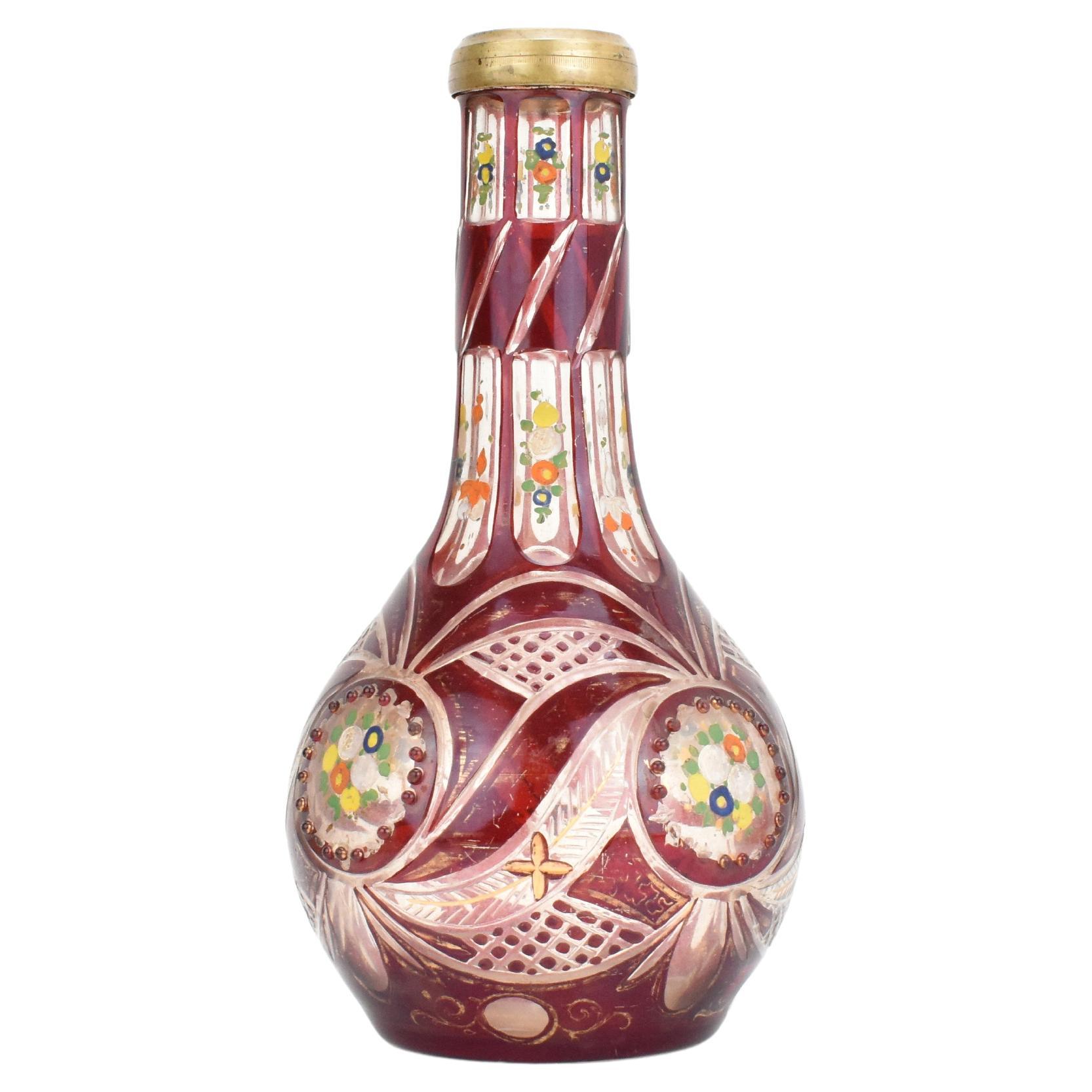 Antigua base de narguile de cristal esmaltado rojo rubí de Bohemia, Siglo XIX en venta