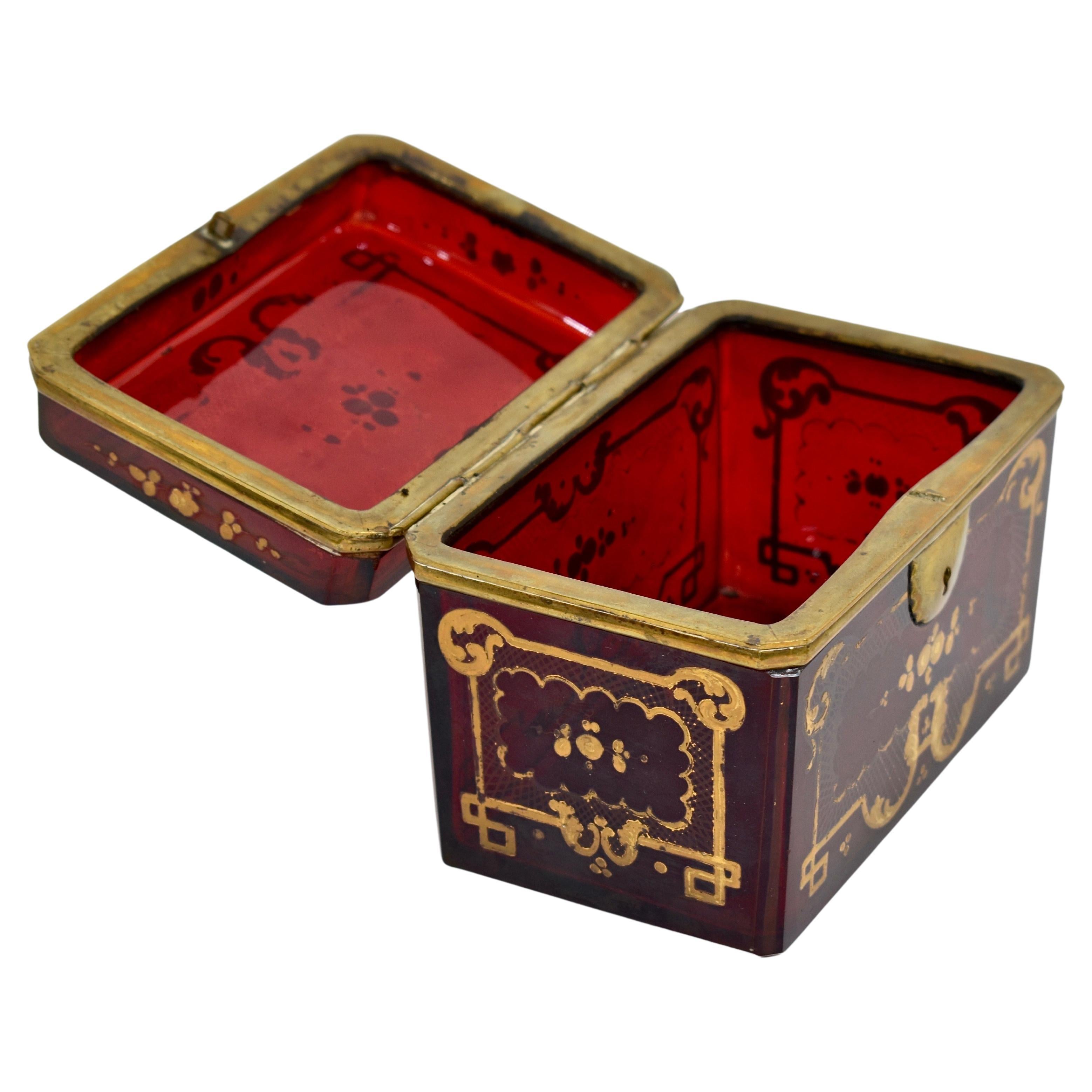 Antique Bohemian Ruby Red Enameled Glass Jewelry Casket Box, 19th Century In Good Condition In Rostock, MV