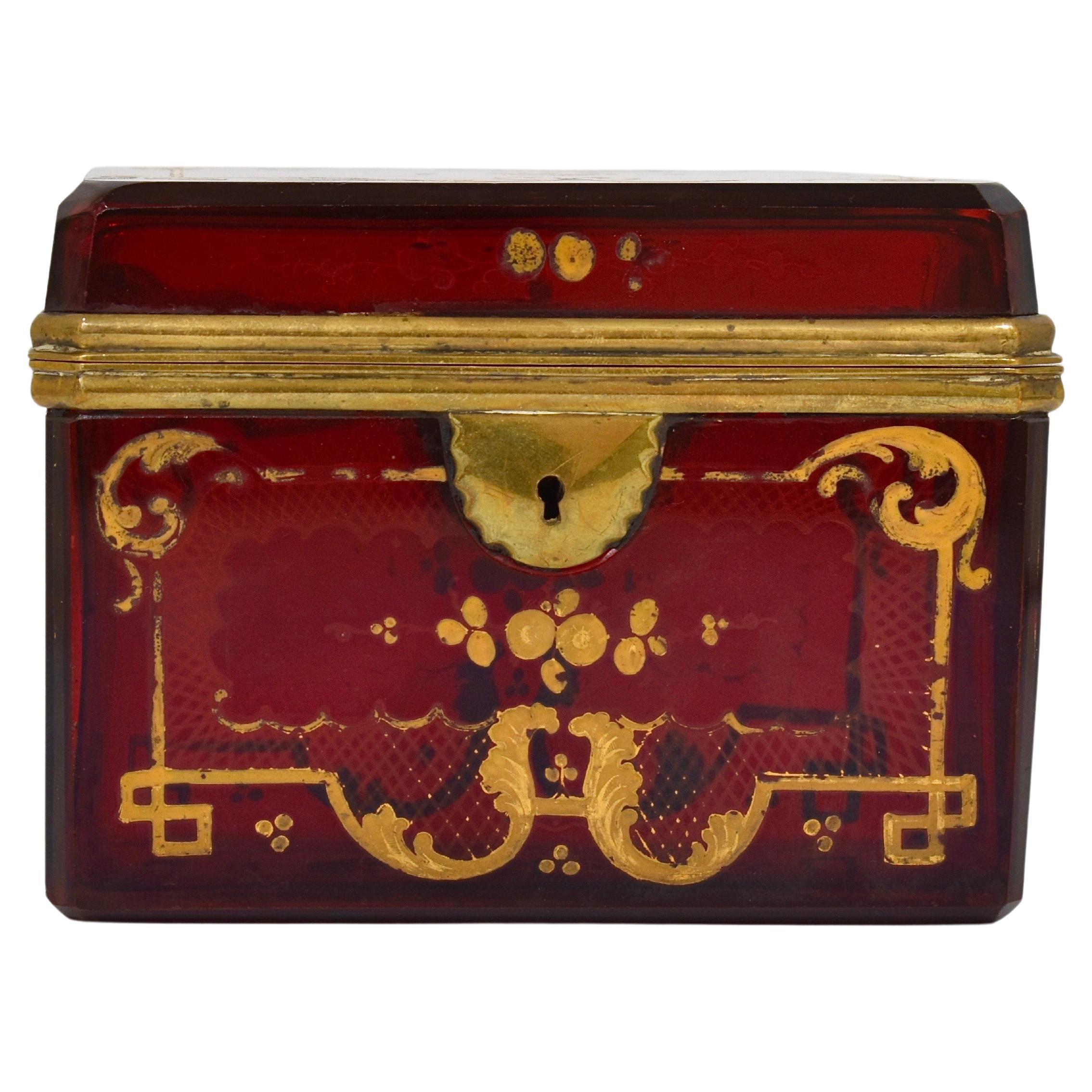 Bronze Antique Bohemian Ruby Red Enameled Glass Jewelry Casket Box, 19th Century