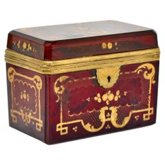Antique Bohemian Ruby Red Enameled Glass Jewelry Casket Box, 19th Century
