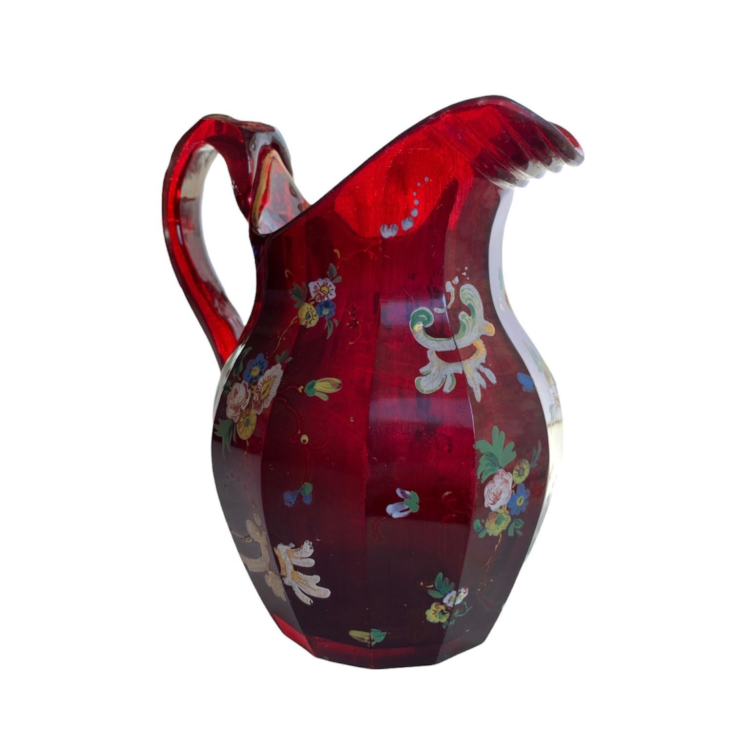 Antique Bohemian Ruby Red Enameled Glass Jug, Pitcher, 19th Century In Good Condition In Rostock, MV