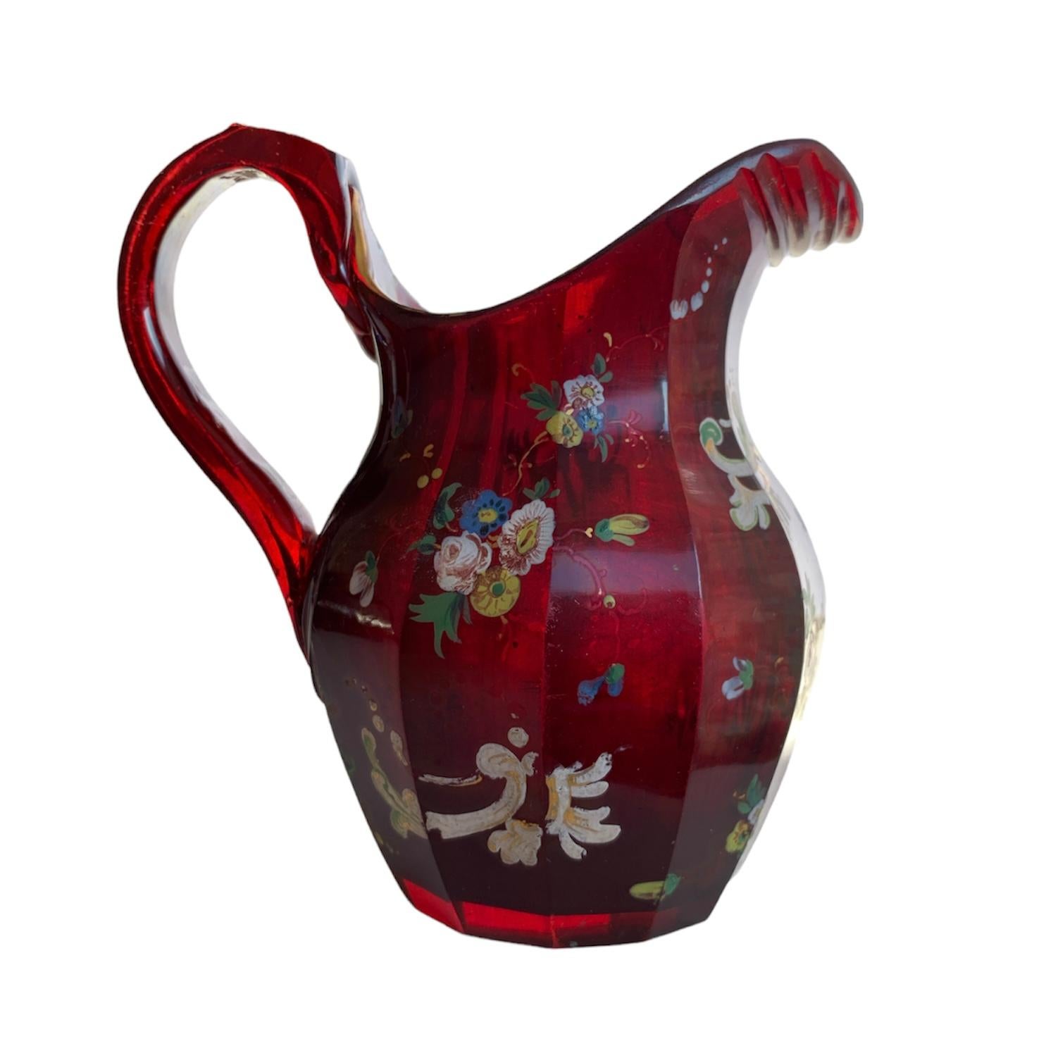 Antique Bohemian Ruby Red Enameled Glass Jug, Pitcher, 19th Century 1