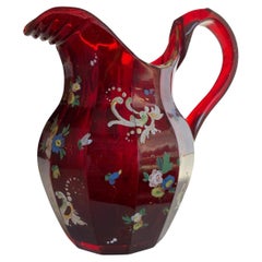 Antique Bohemian Ruby Red Enameled Glass Jug, Pitcher, 19th Century