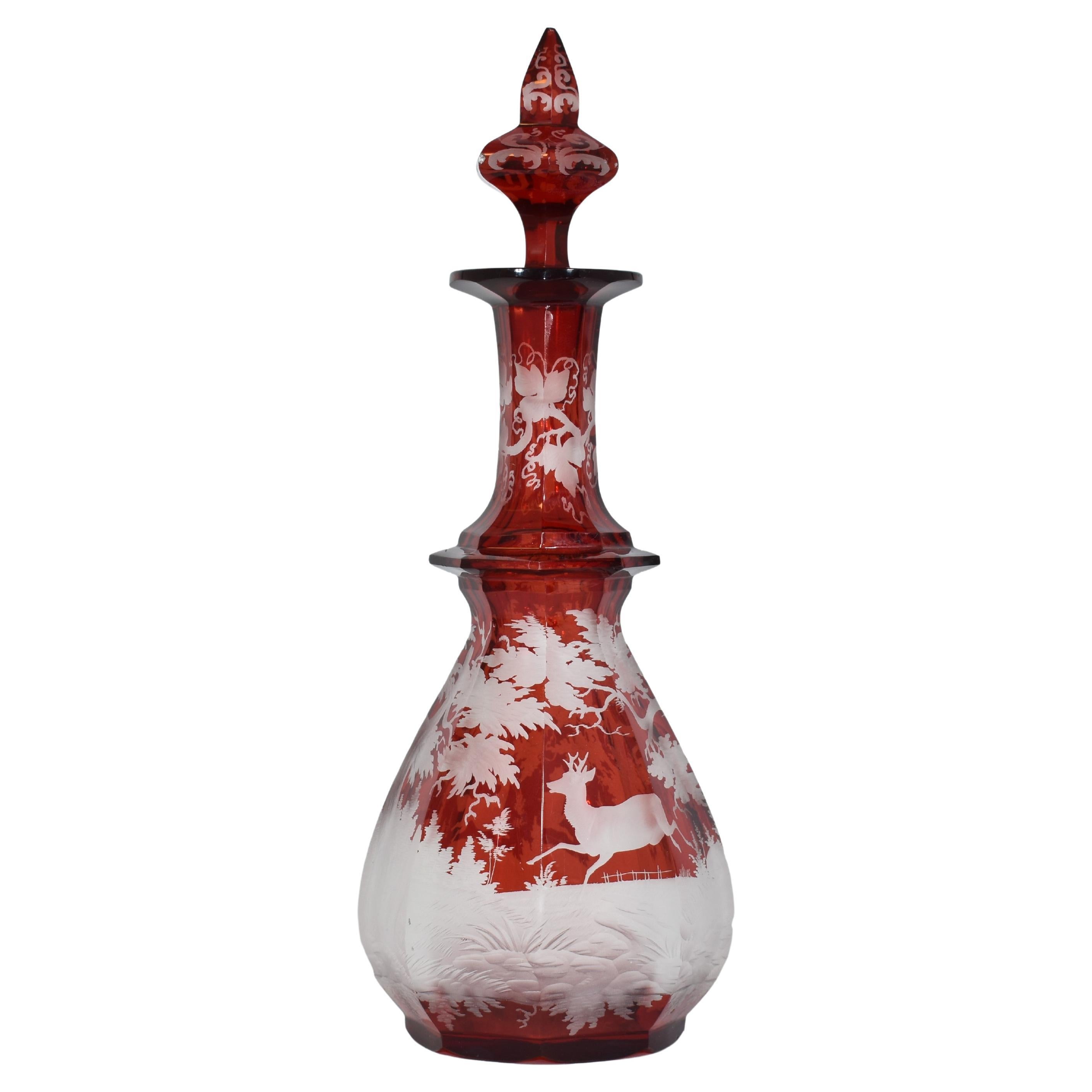 Antique Bohemian Ruby Red Enameled Glass Perfume Bottle, 19th Century For Sale