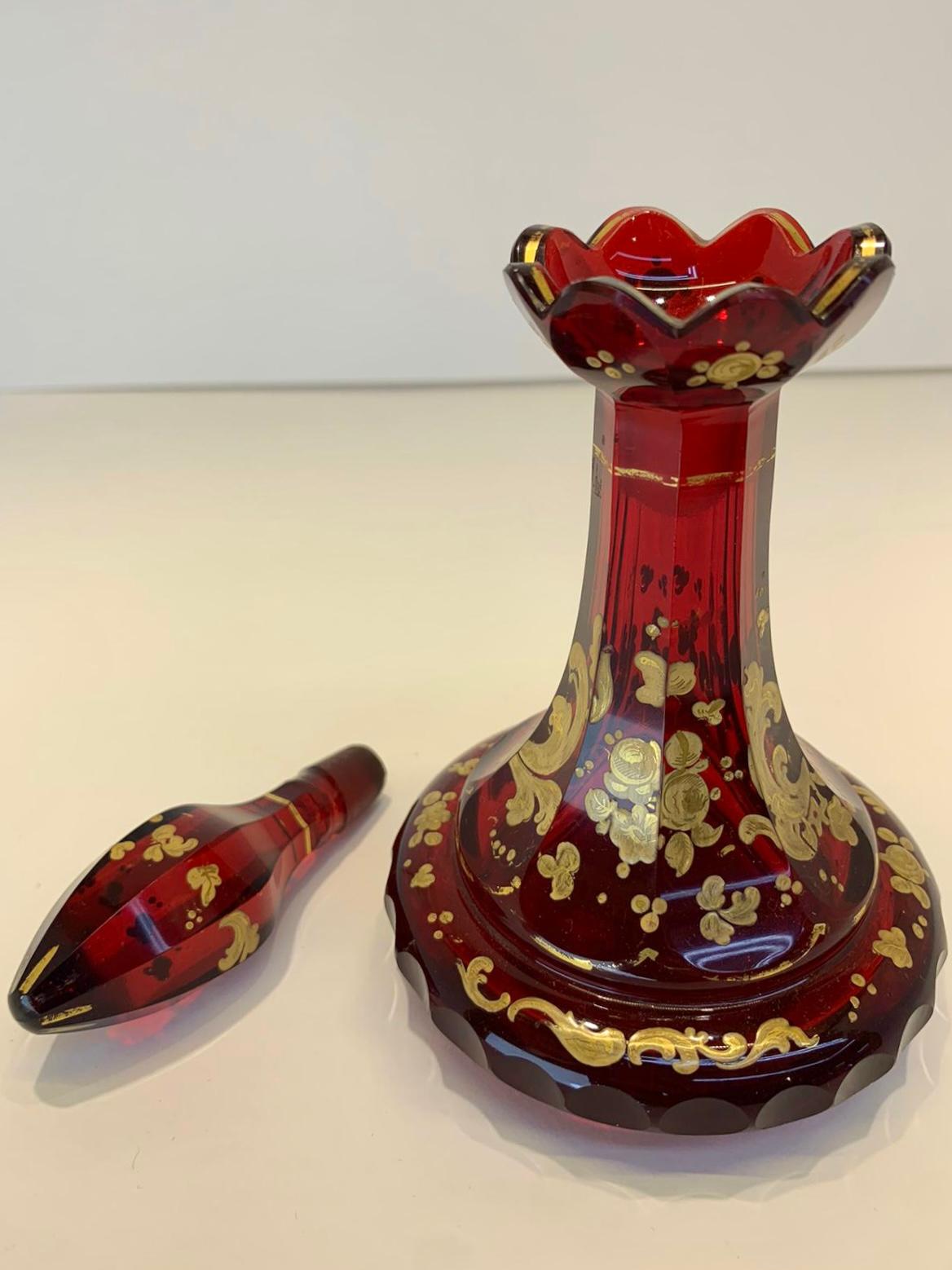 Antique Bohemian Ruby Red Enameled Glass Perfume Bottle, Flacon, 19th Century For Sale 1