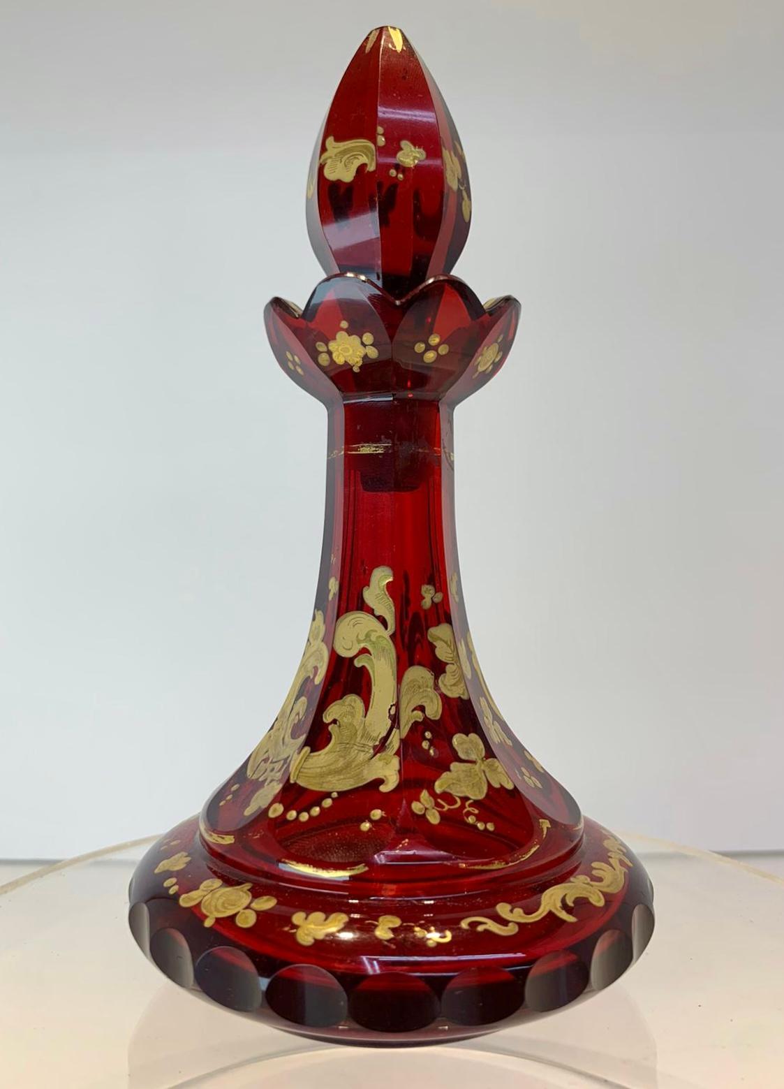 Antique Bohemian Ruby Red Enameled Glass Perfume Bottle, Flacon, 19th Century For Sale 2