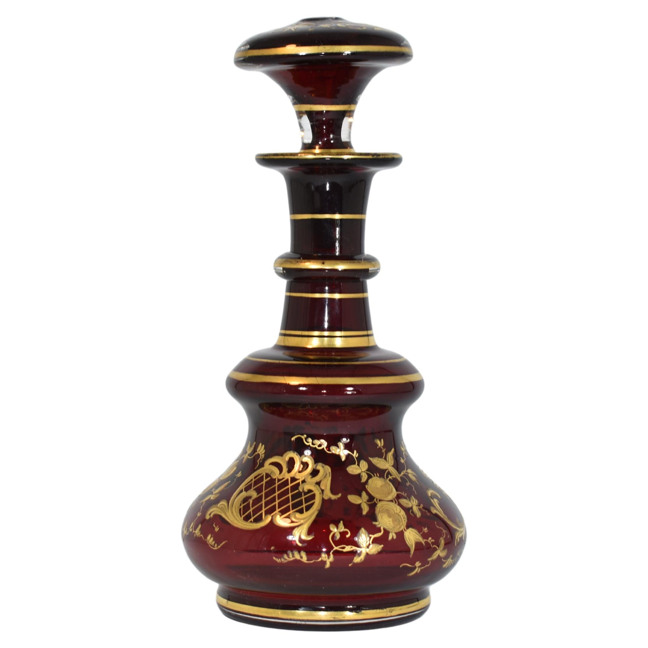 Antique Bohemian Ruby Red Enameled Glass Perfume Bottle, Flacon, 19th Century