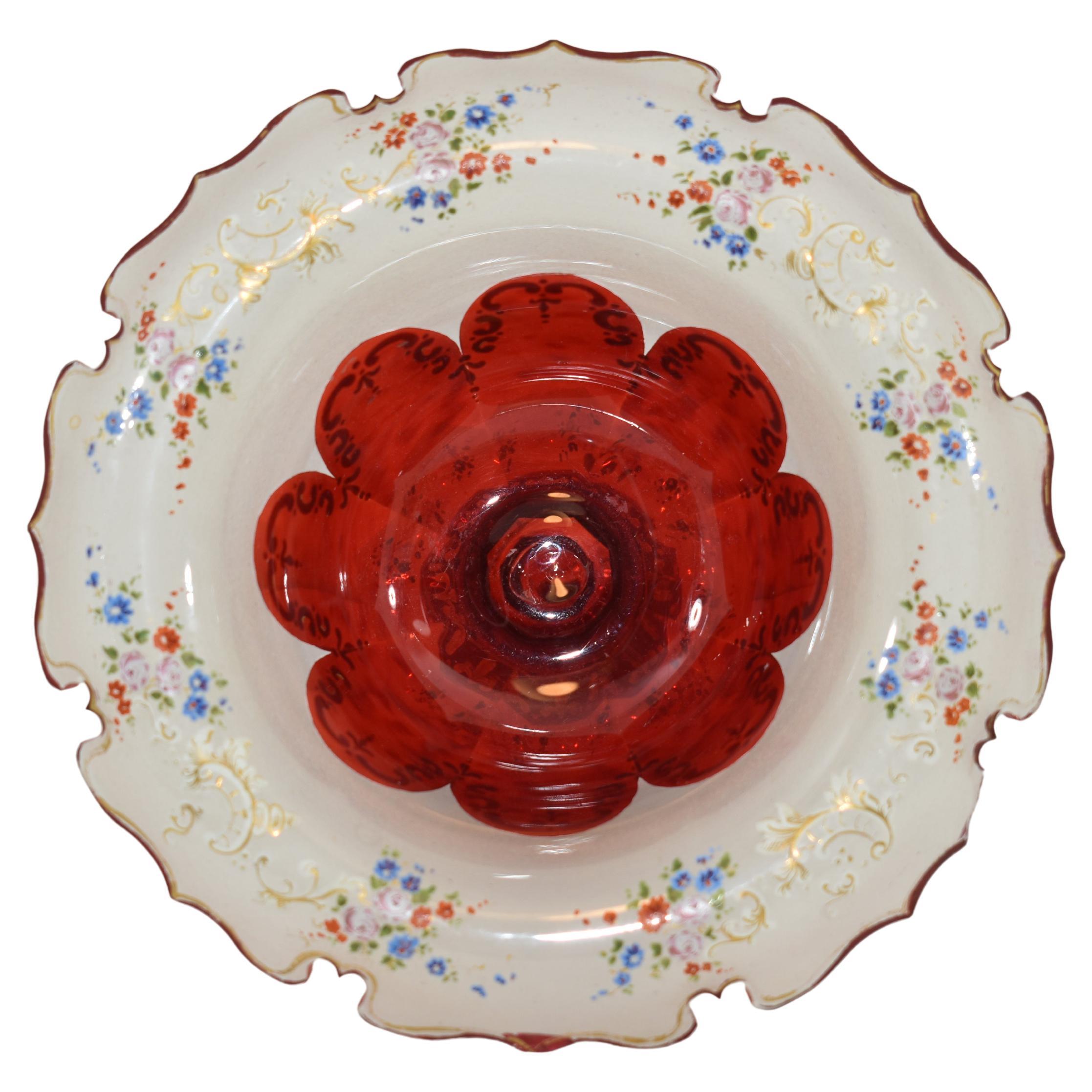 Antique Bohemian Ruby Red Enameled Glass Tazza Bowl, 19th Century In Good Condition For Sale In Rostock, MV