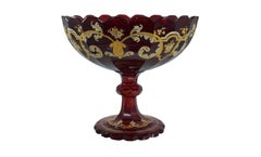 Antique Bohemian Ruby Red Enameled Glass Tazza Bowl, 19th Century