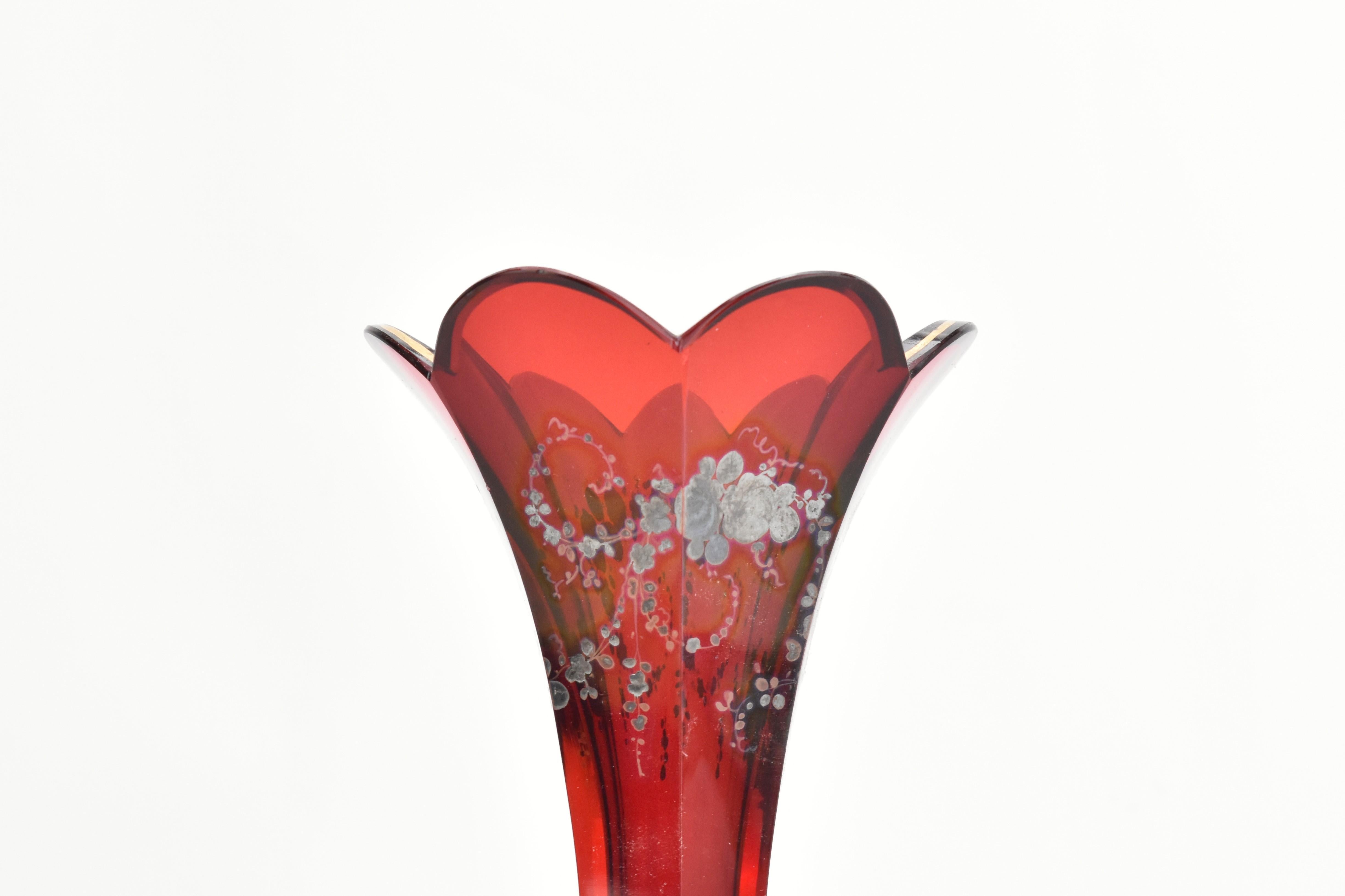 Enameled Antique Bohemian Ruby Red Enamelled Glass Vase, 19th Century