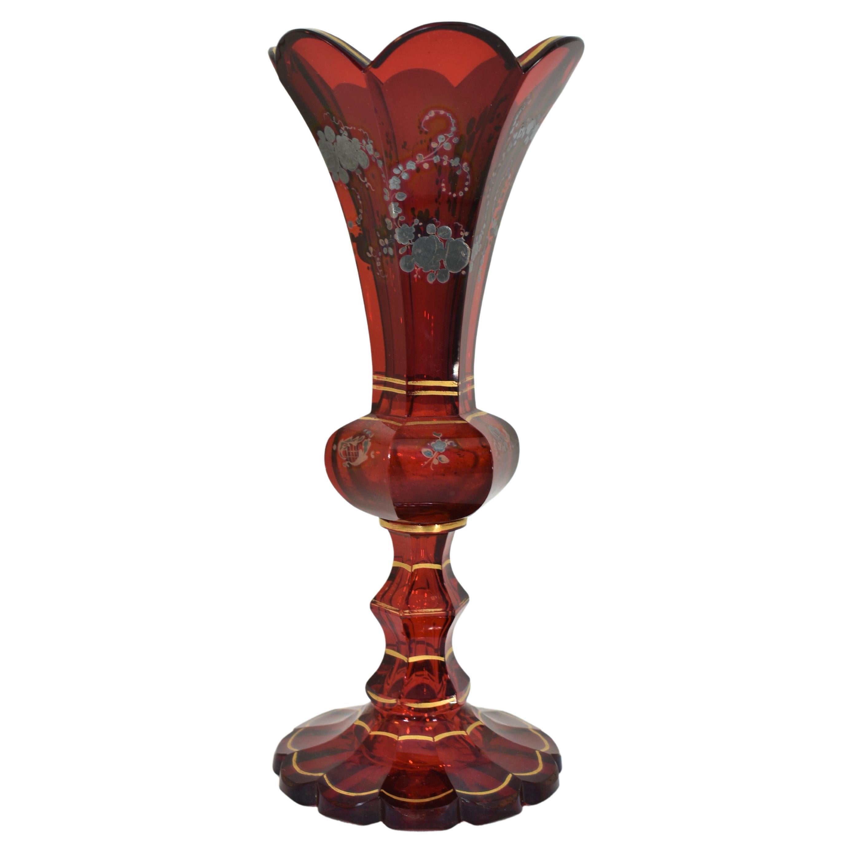 Antique Bohemian Ruby Red Enameled Glass Vase, 19th Century In Good Condition For Sale In Rostock, MV
