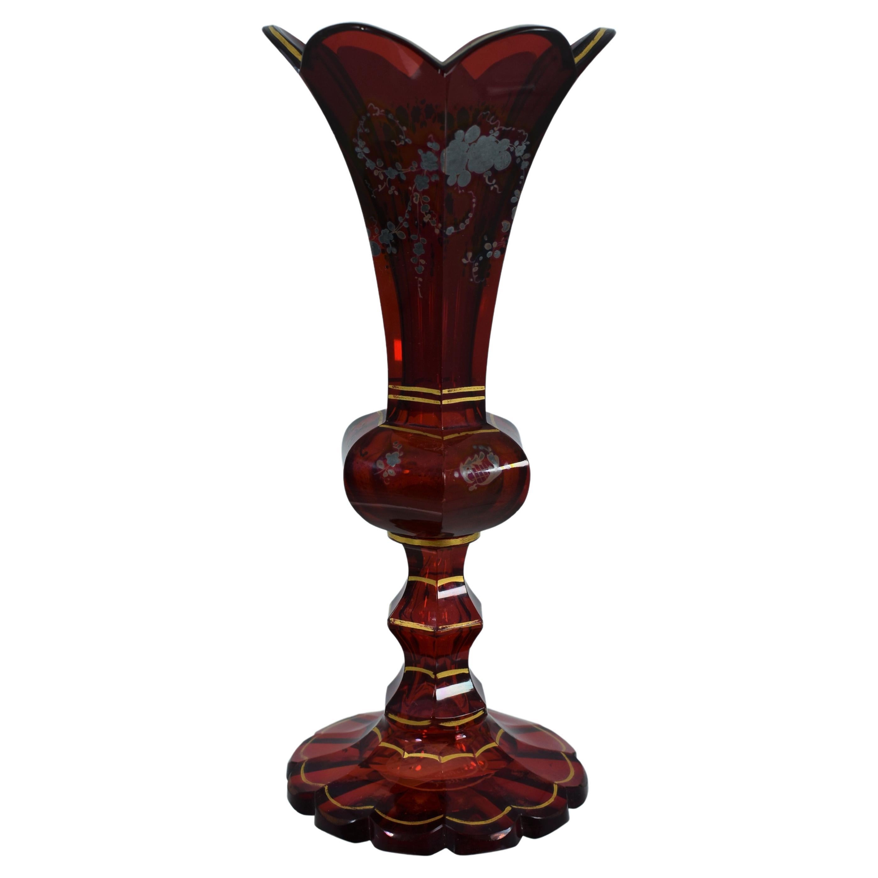 Antique Bohemian Ruby Glass Gold Paint Horse Flower Motive 19th Century For Sale at 1stDibs
