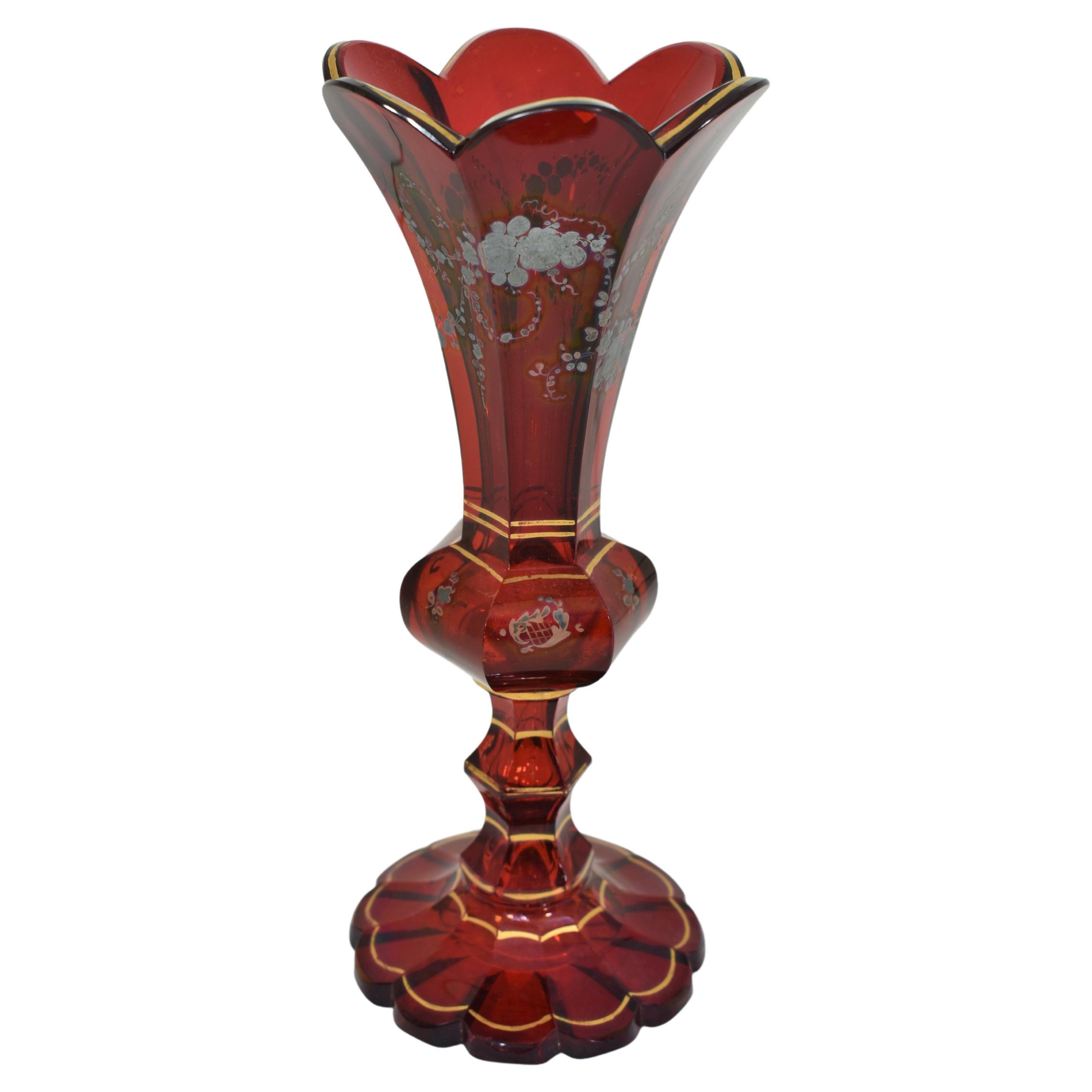 Antique Bohemian Ruby Red Enameled Glass Vase, 19th Century