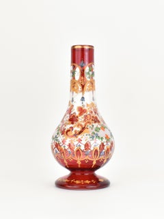 Antique Bohemian Ruby Red Enameled Glass Vase, Hookah Base, 19th Century