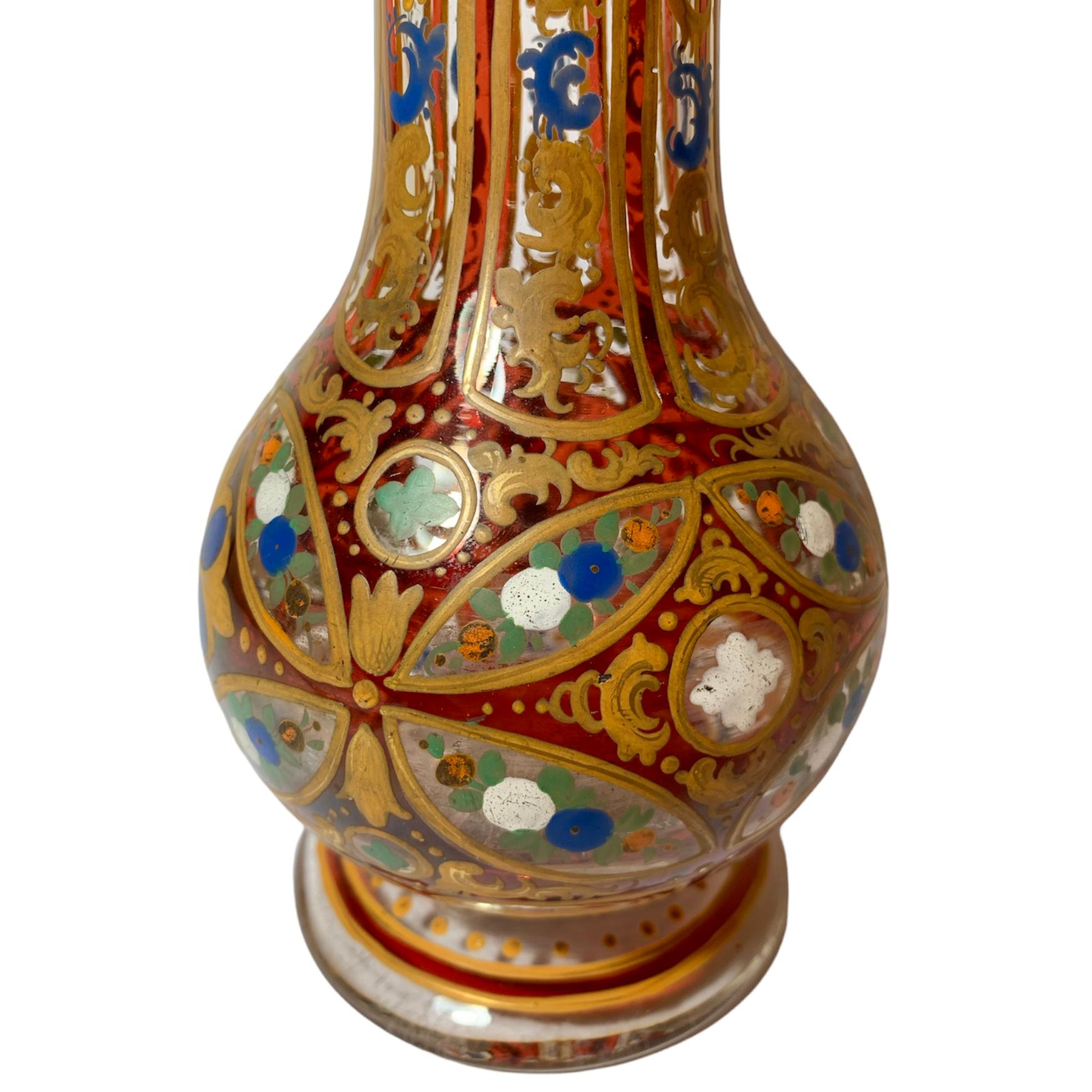 Czech Antique Bohemian Ruby Red Enameled Glass Vase, Hookah Base, 19th Century For Sale