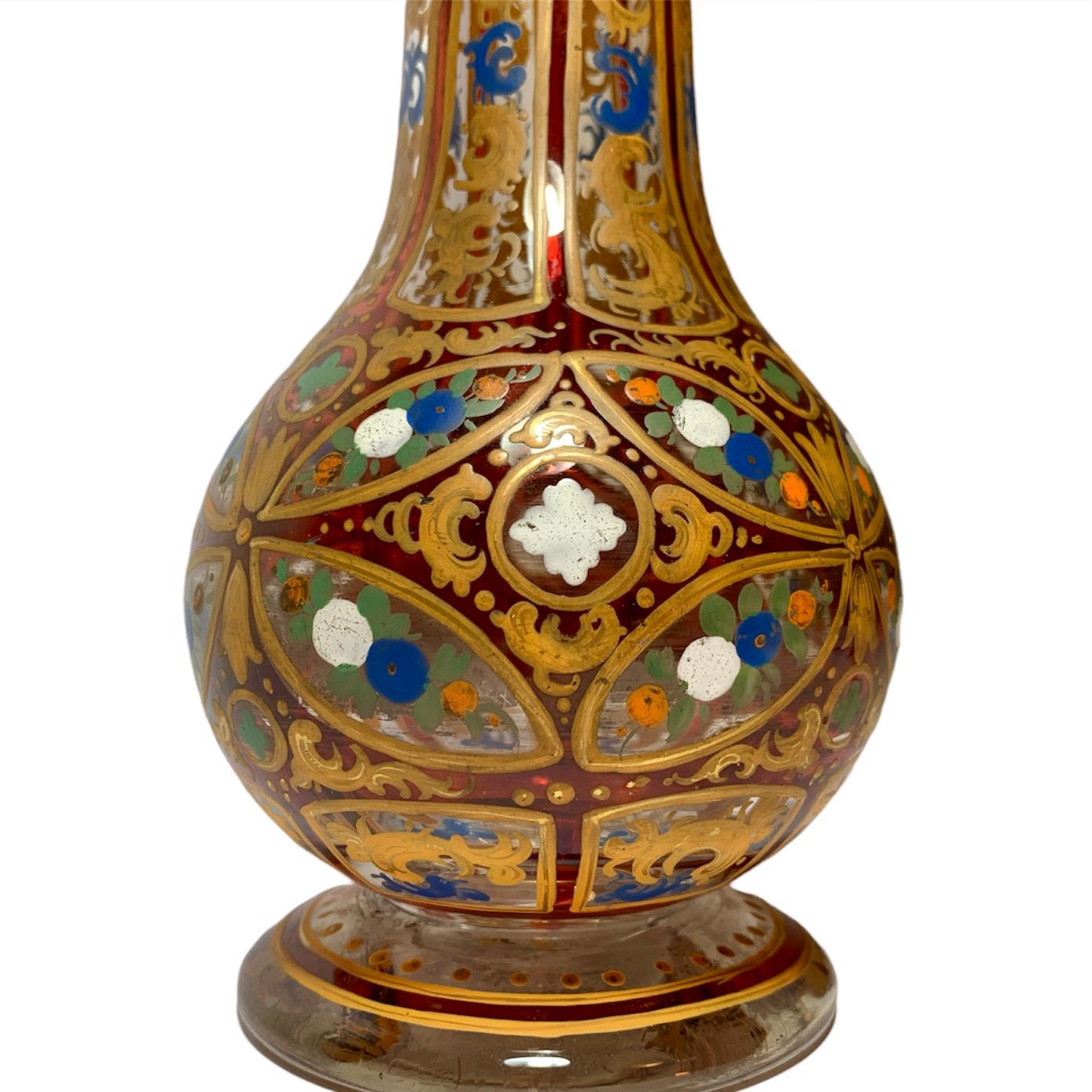 Antique Bohemian Ruby Red Enameled Glass Vase, Hookah Base, 19th Century For Sale 1