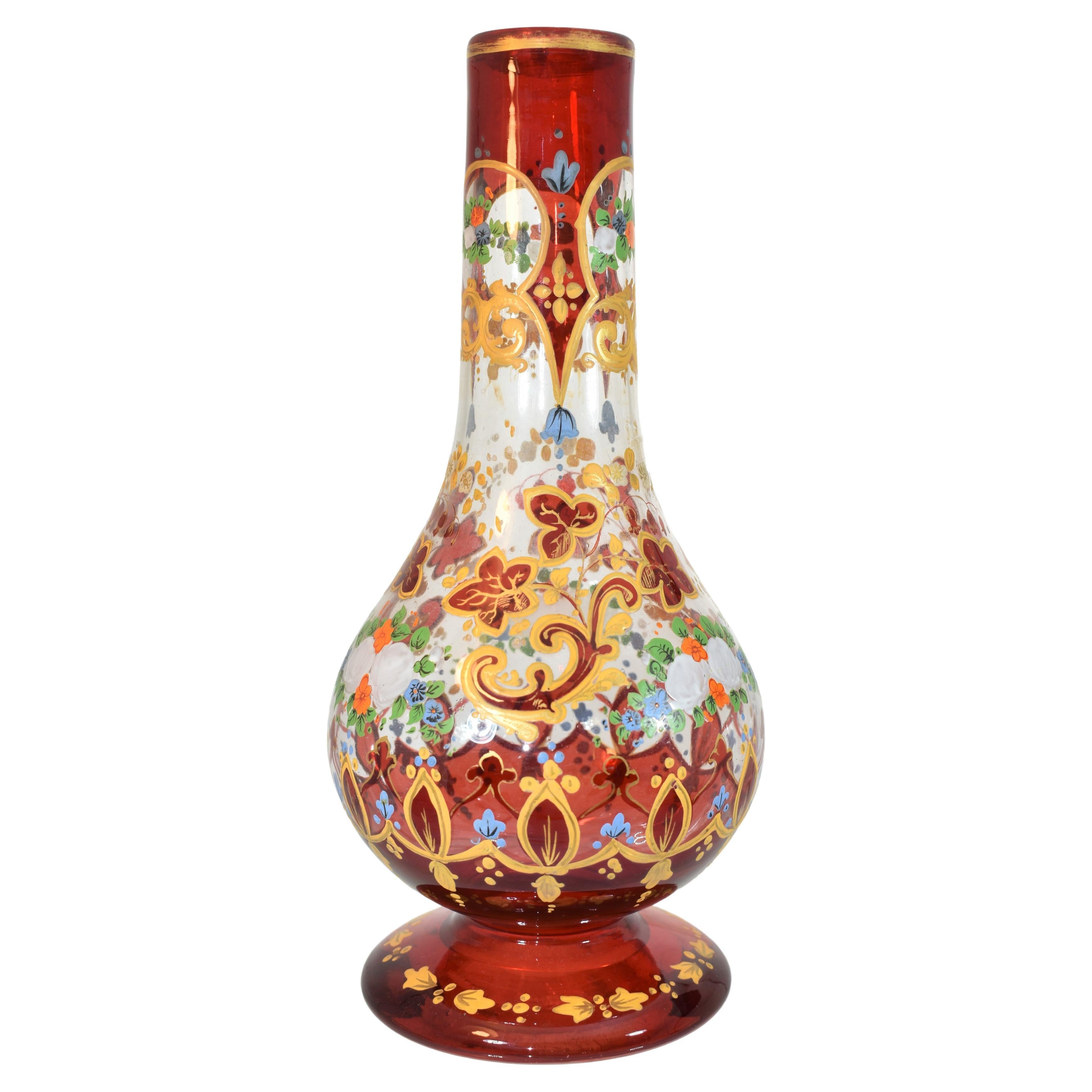 Large Alhambra Vase, Antique Bohemian Ruby Gilded Glass, 19th Century