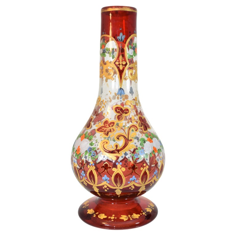 Antique Bohemian Ruby Red Enameled Glass Vase, Hookah Base, 19th
