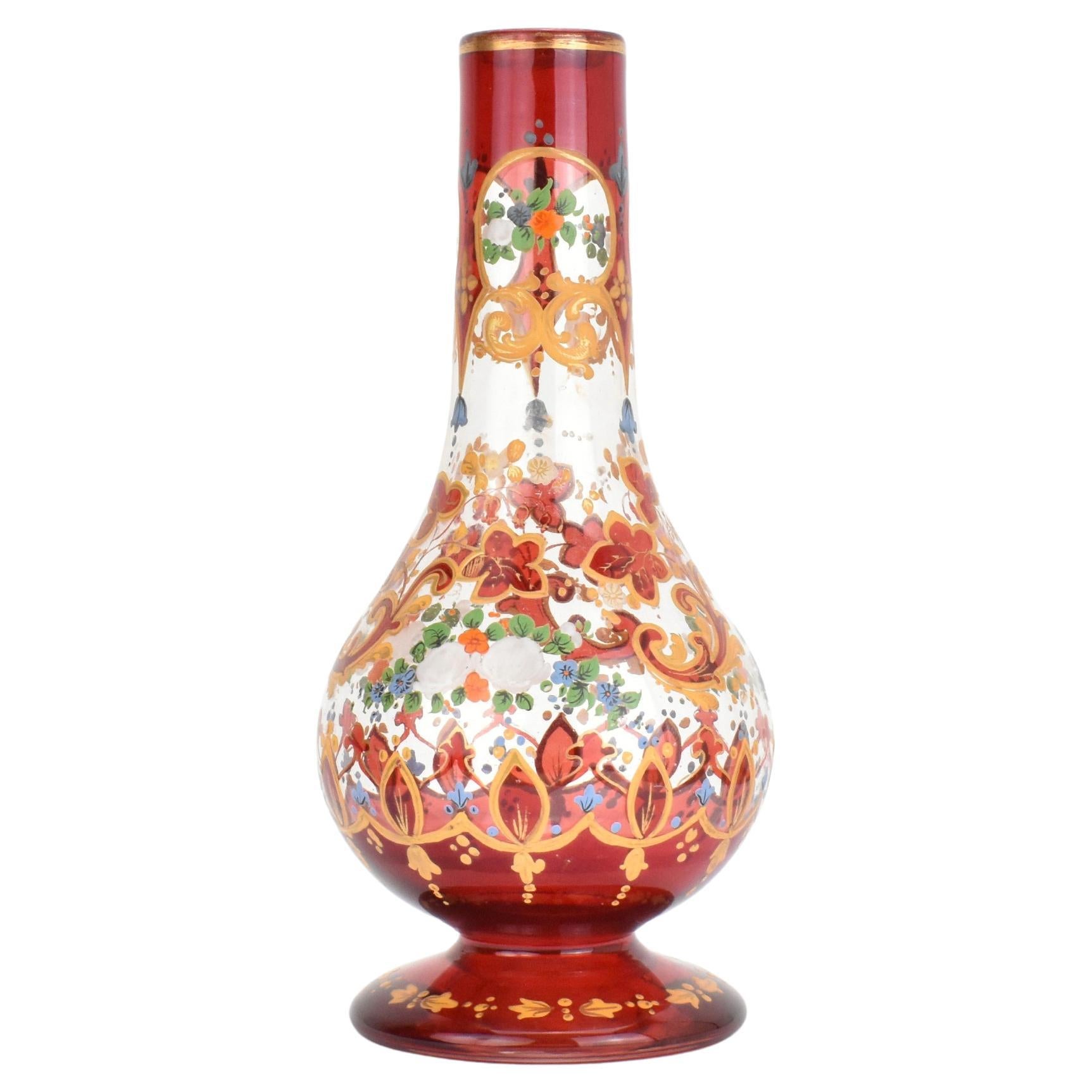 Antiguo Jarrón de Bohemia de Vidrio Esmaltado Rojo Rubí, Base de Hookah, Siglo XIX