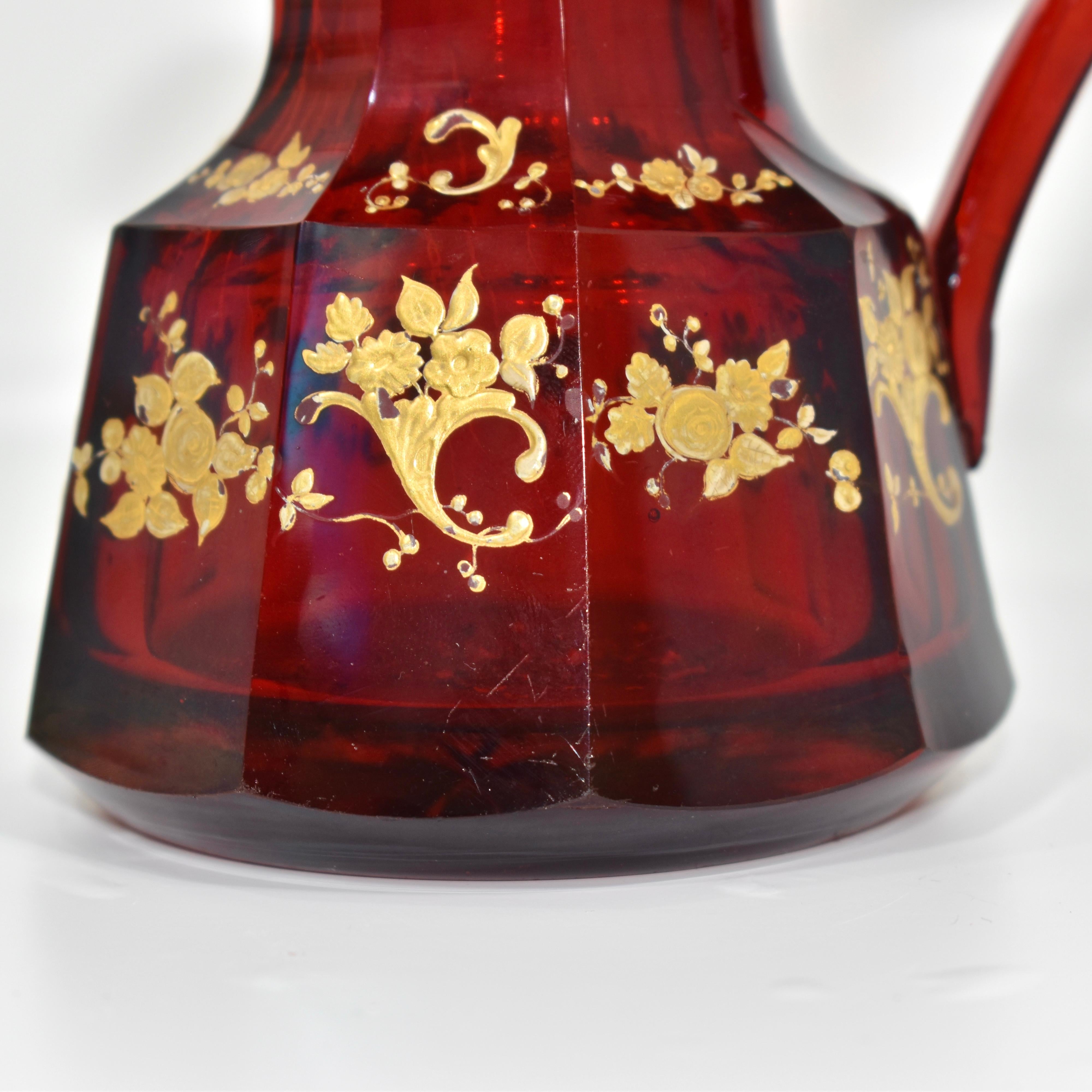 Enameled Antique Bohemian Ruby Red Enamelled Glass Jug, Pitcher, 19th Century For Sale